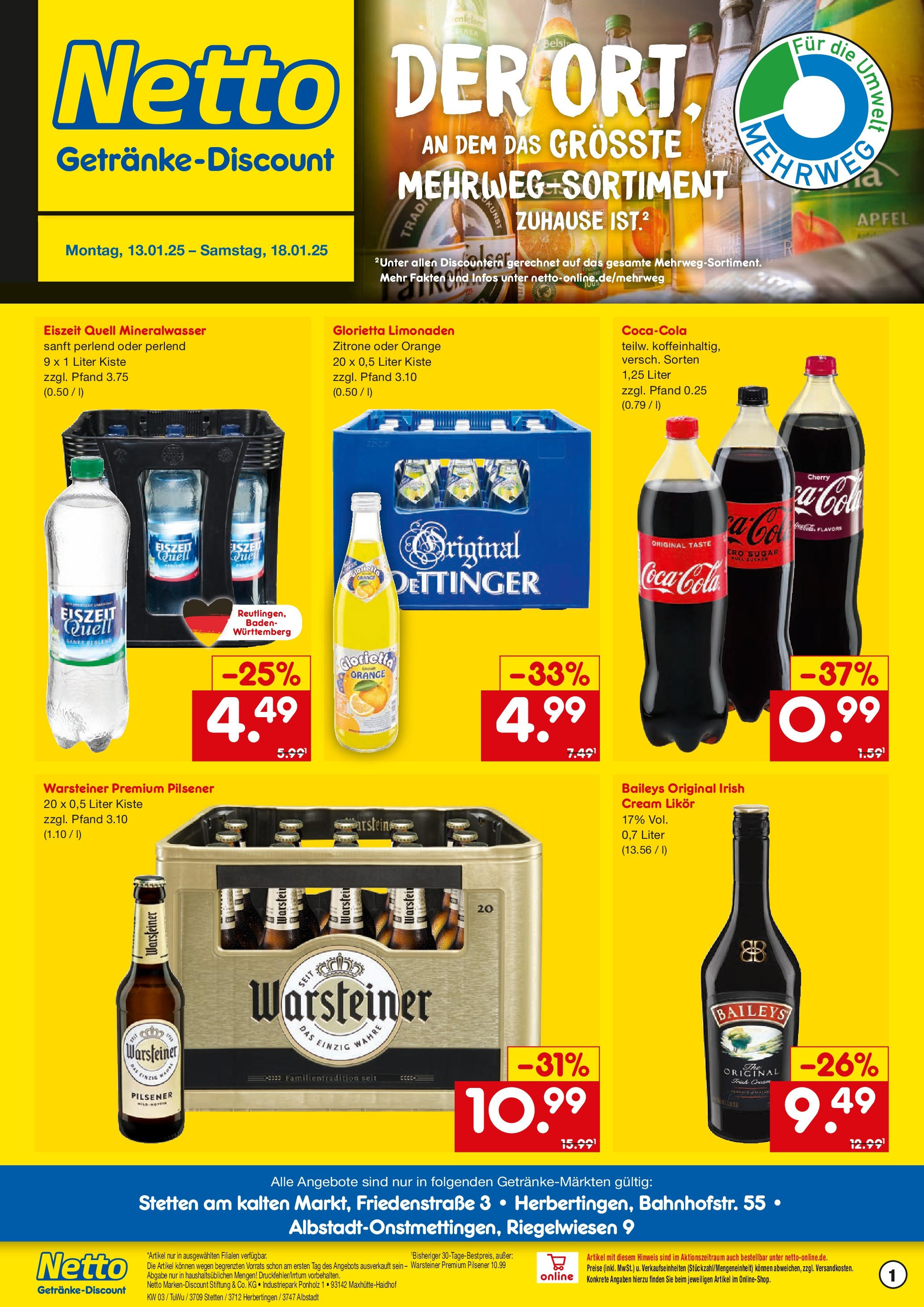 Netto Marken-Discount - Netto: Getränkeangebote (ab 12.01.2025) » Angebote | Seite: 1 | Produkte: Likör, Äpfel, Mineralwasser, Baileys