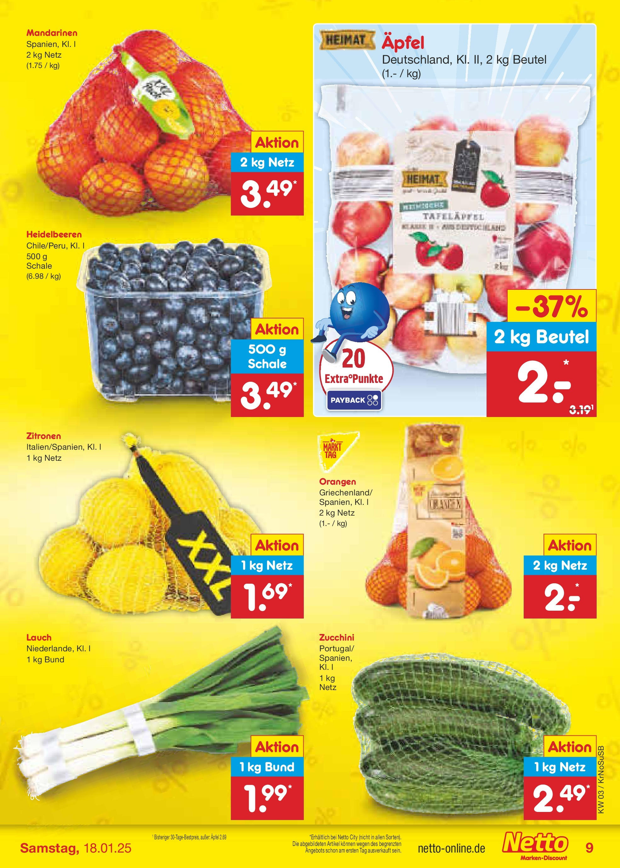 Netto Marken-Discount - Netto: Wochenangebote (ab 12.01.2025) » Angebote | Seite: 11 | Produkte: Äpfel, Mandarinen, Heidelbeeren, Zitronen