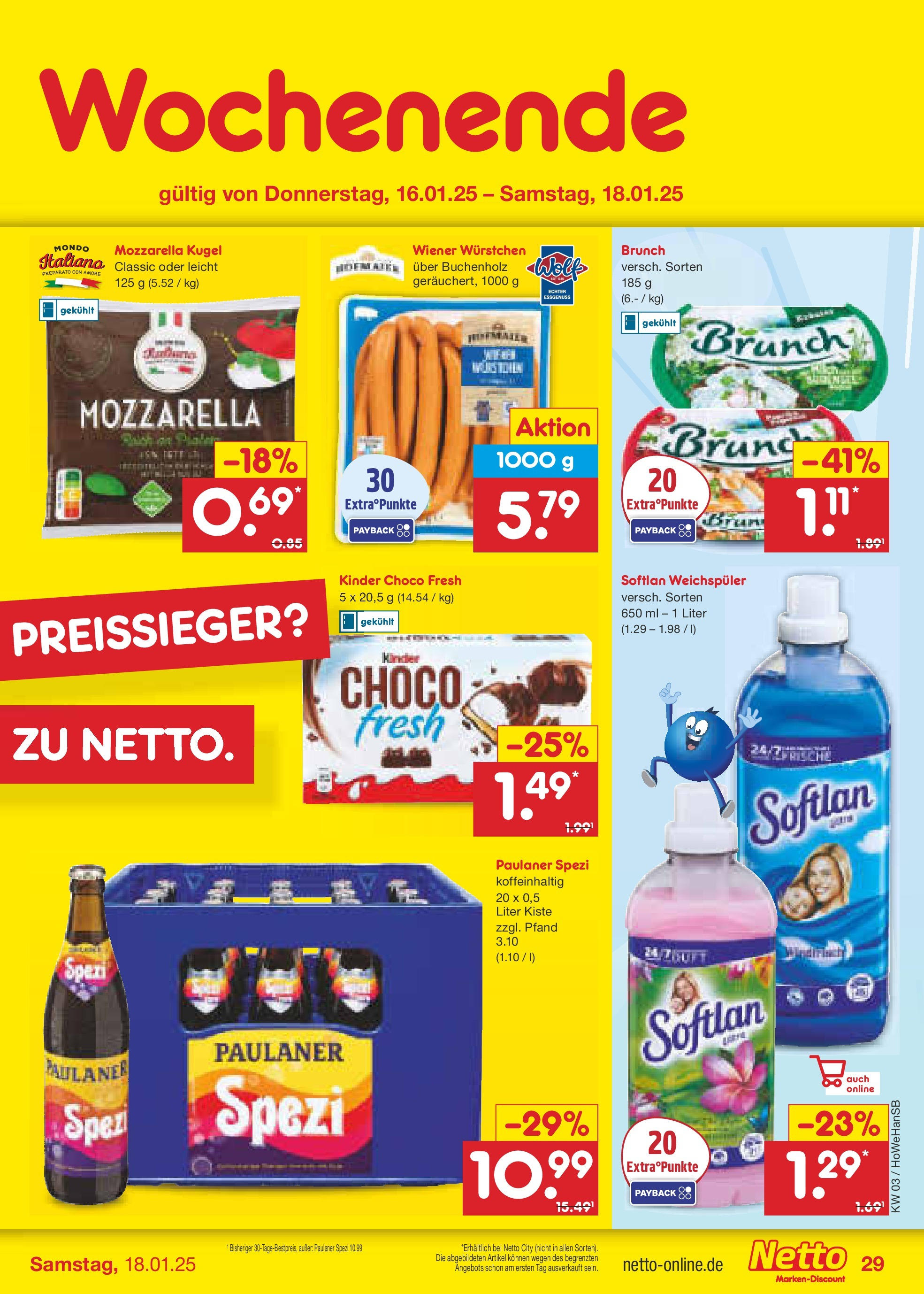 Netto Marken-Discount - Netto: Wochenangebote (ab 12.01.2025) » Angebote | Seite: 43 | Produkte: Paulaner spezi, Mozzarella, Weichspüler, Paulaner