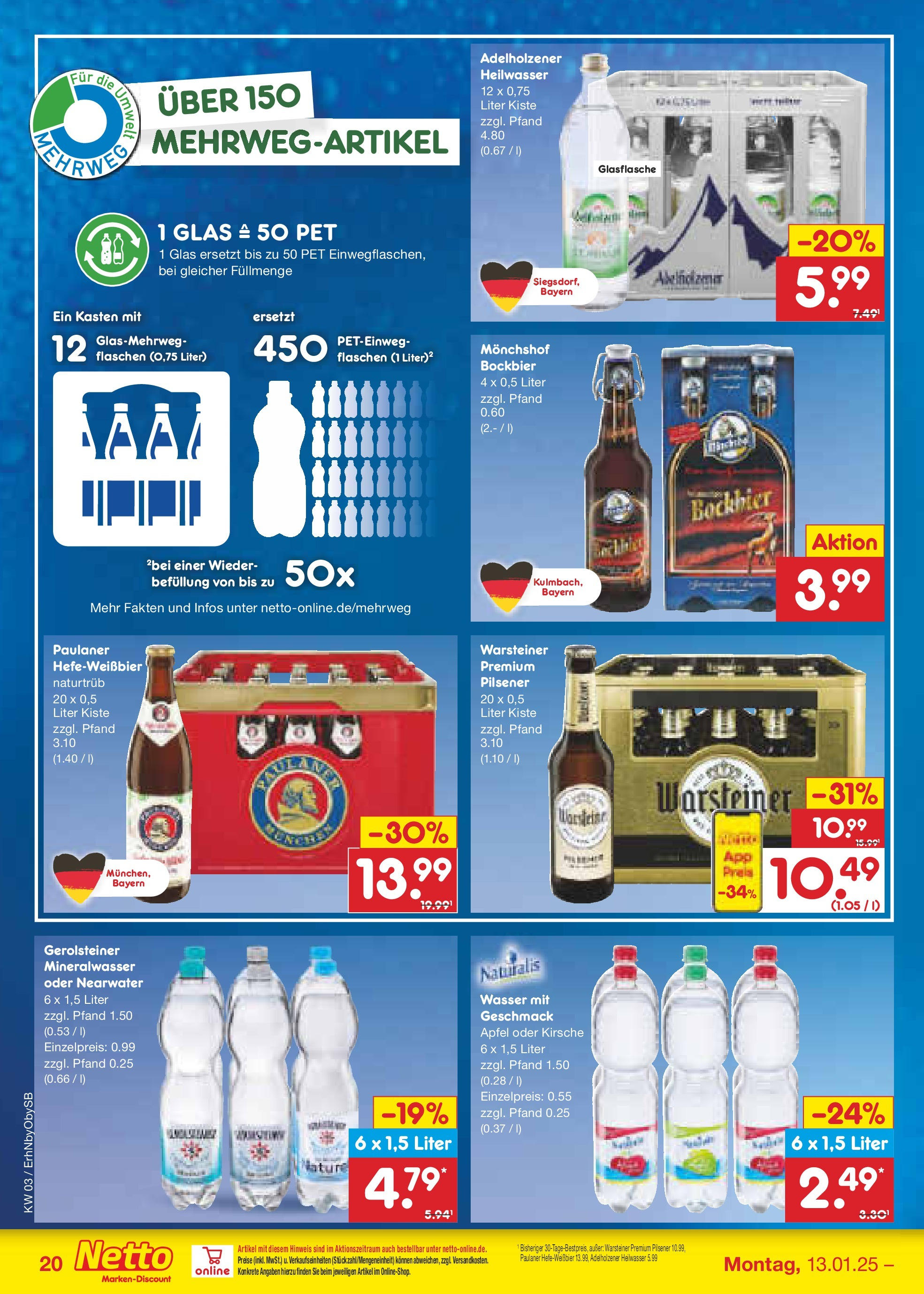 Netto Marken-Discount - Netto: Wochenangebote (ab 12.01.2025) » Angebote | Seite: 30 | Produkte: Monchshof, Mineralwasser, Wasser, Warsteiner