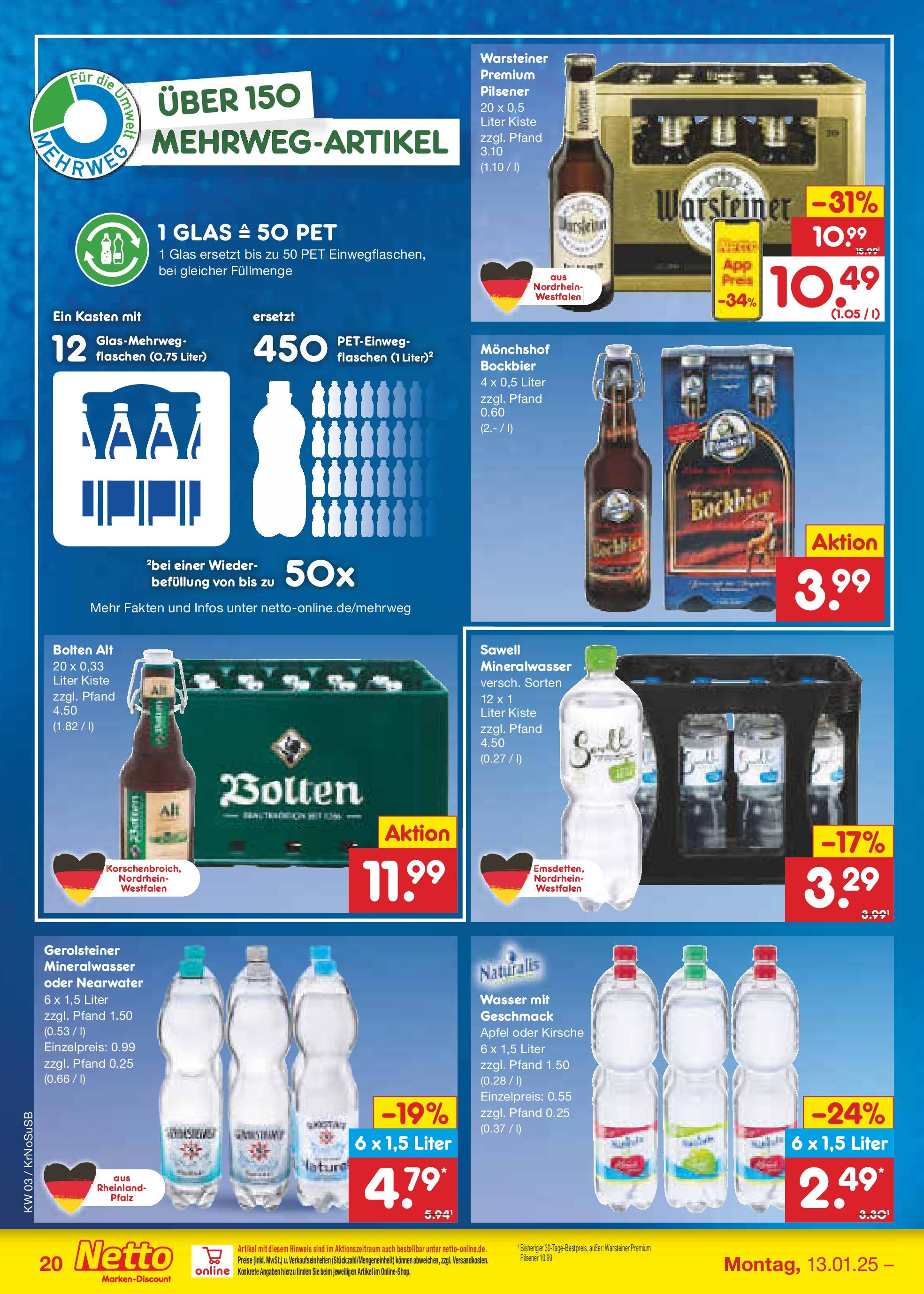 Netto Marken-Discount - Netto: Wochenangebote (ab 12.01.2025) » Angebote | Seite: 30 | Produkte: Monchshof, Wasser, Warsteiner, Gerolsteiner