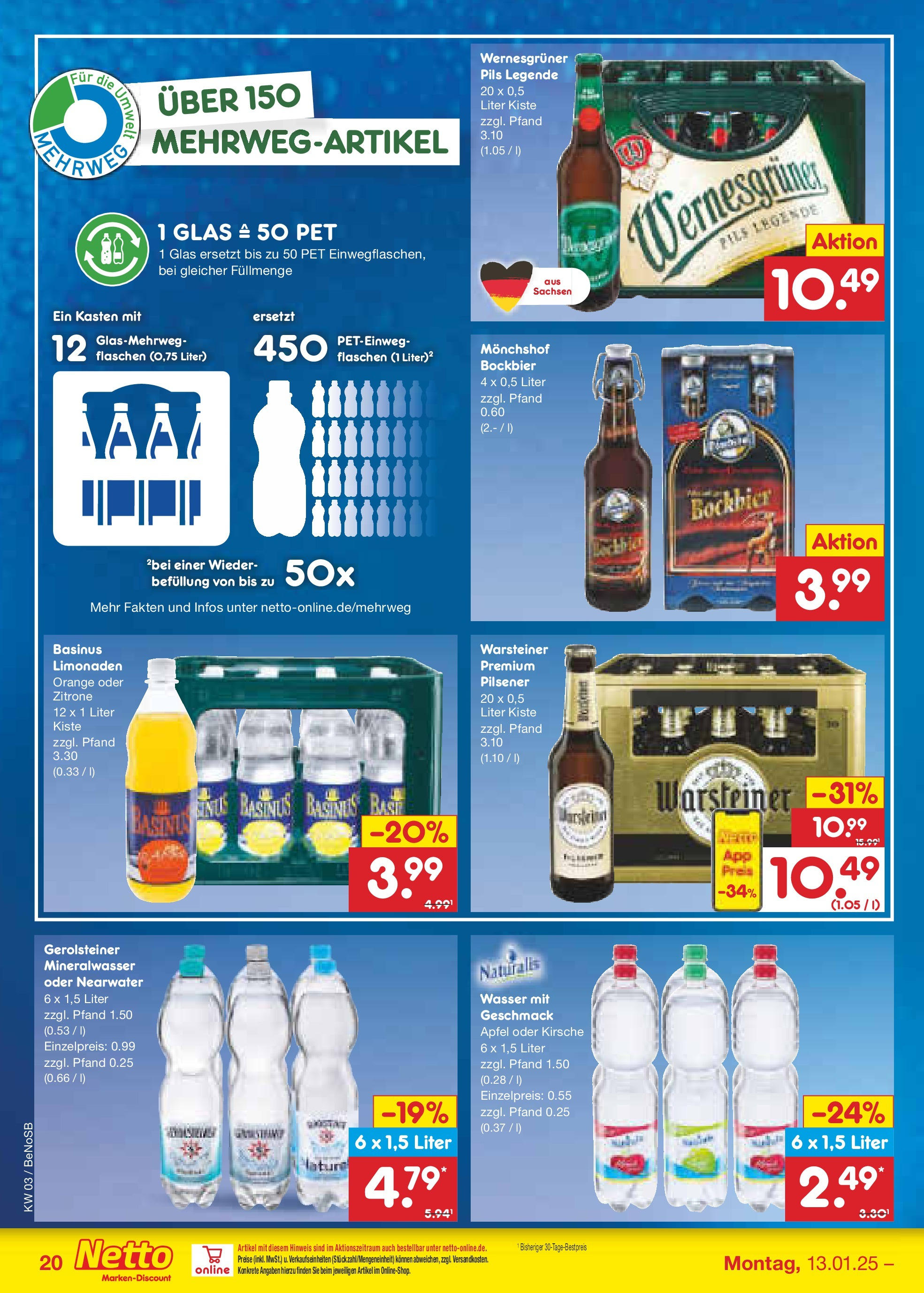 Netto Marken-Discount - Netto: Getränkeangebote (ab 12.01.2025) » Angebote | Seite: 30 | Produkte: Monchshof, Wernesgruner, Mineralwasser, Gerolsteiner