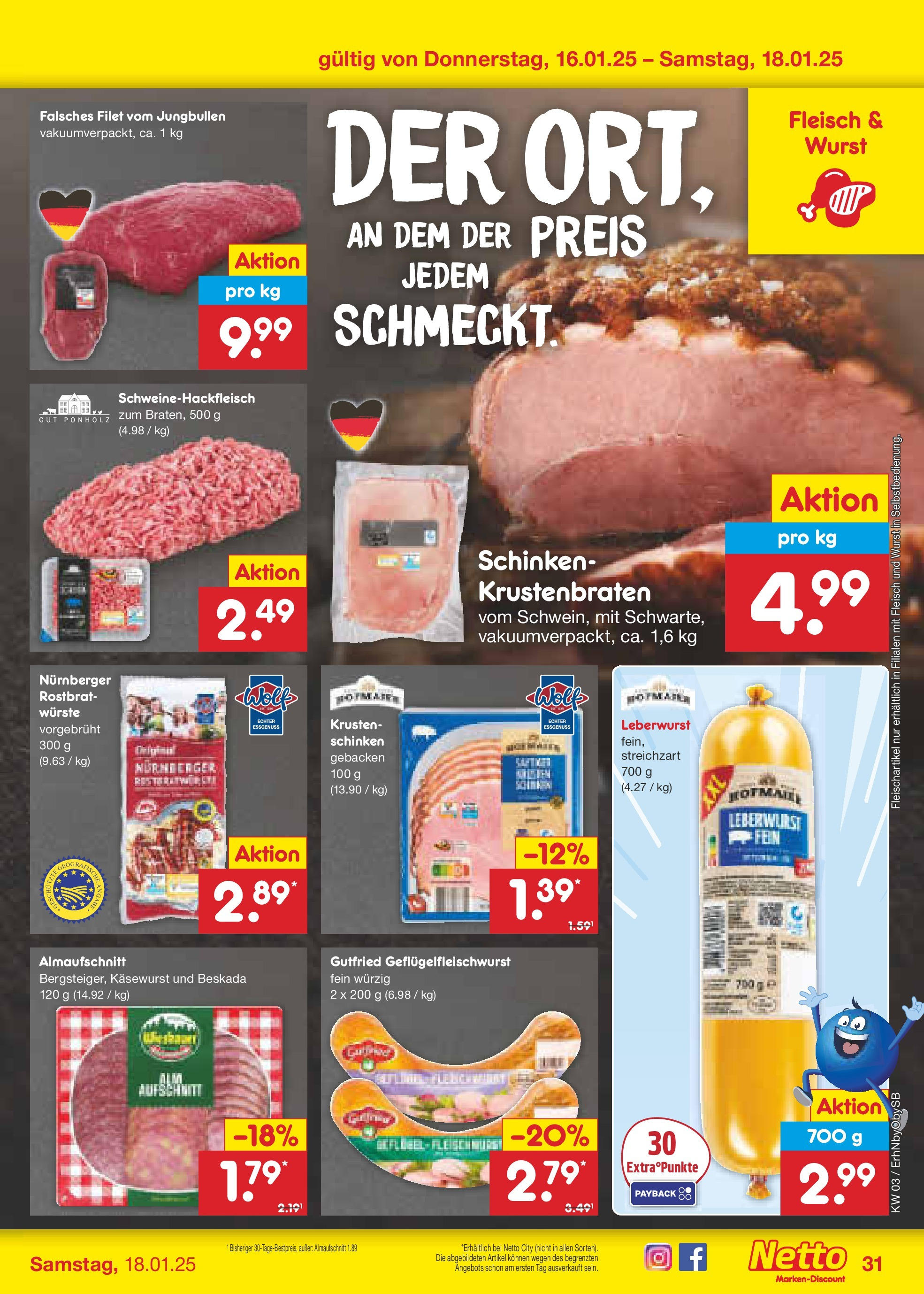 Netto Marken-Discount - Netto: Wochenangebote (ab 12.01.2025) » Angebote | Seite: 45 | Produkte: Krustenbraten, Wurst, Schinken, Fleisch