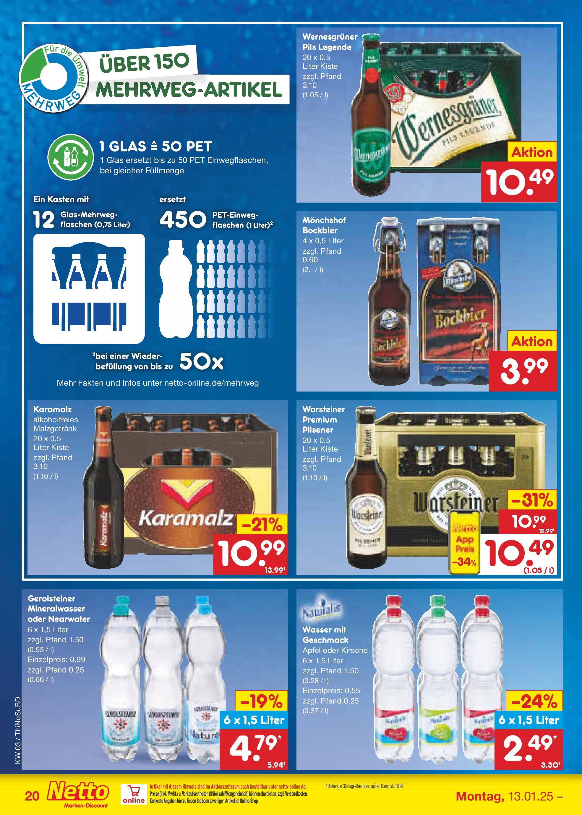 Netto Marken-Discount - Netto: Getränkeangebote (ab 12.01.2025) » Angebote | Seite: 30 | Produkte: Monchshof, Mineralwasser, Wasser, Warsteiner