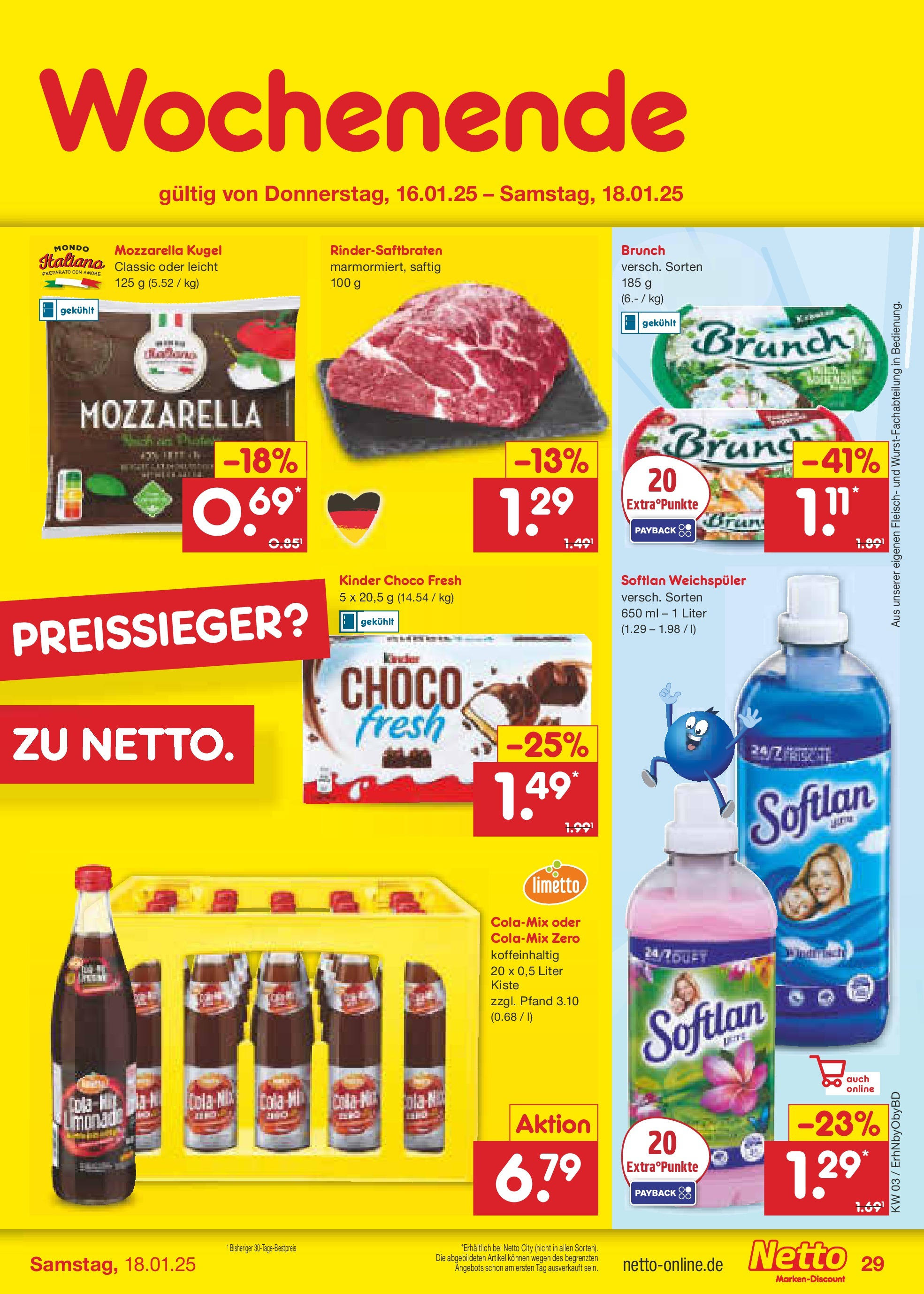 Netto Marken-Discount - Netto: Wochenangebote (ab 12.01.2025) » Angebote | Seite: 43 | Produkte: Cola, Mozzarella, Weichspüler, Fleisch