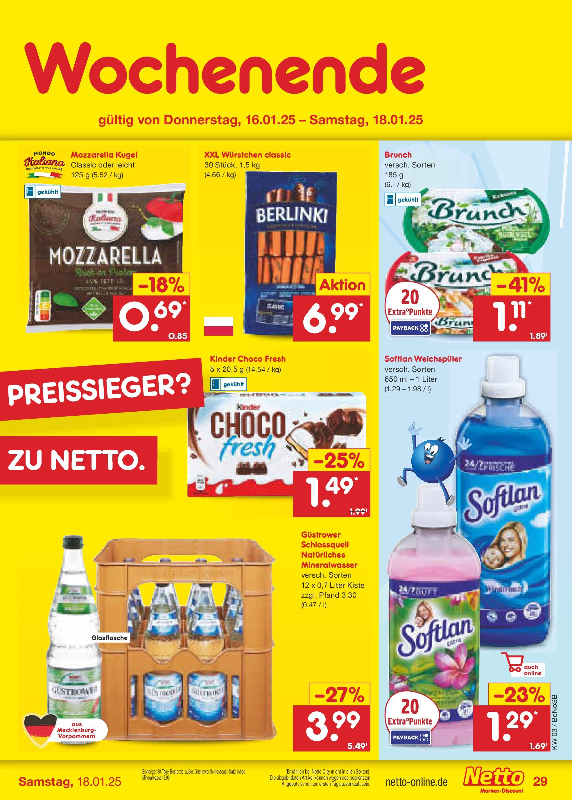 Netto Marken-Discount - Netto: Getränkeangebote (ab 12.01.2025) » Angebote | Seite: 43 | Produkte: Mozzarella, Mineralwasser, Weichspüler