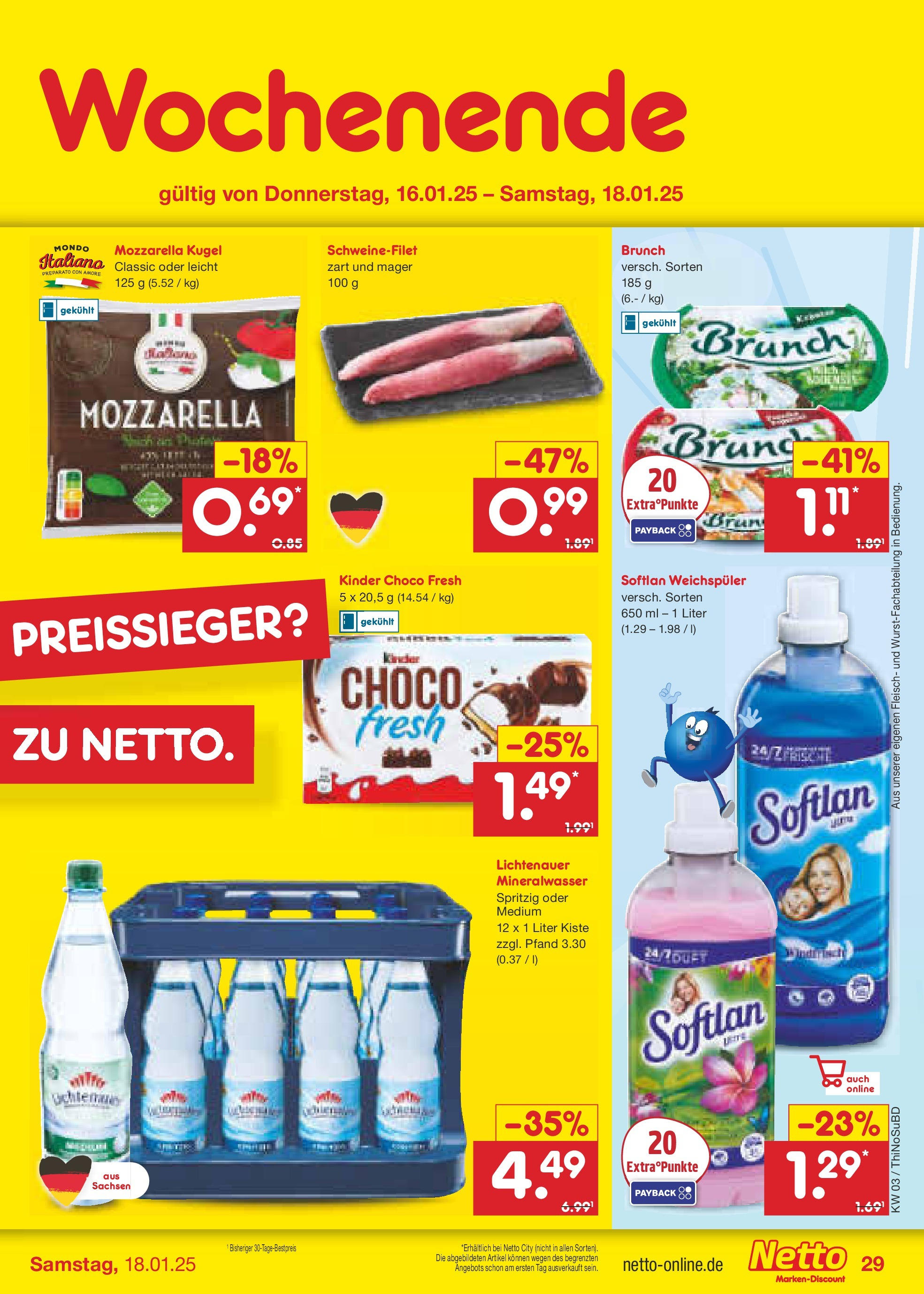 Netto Marken-Discount - Netto: Getränkeangebote (ab 12.01.2025) » Angebote | Seite: 43 | Produkte: Mineralwasser, Schweinefilet, Weichspüler, Fleisch