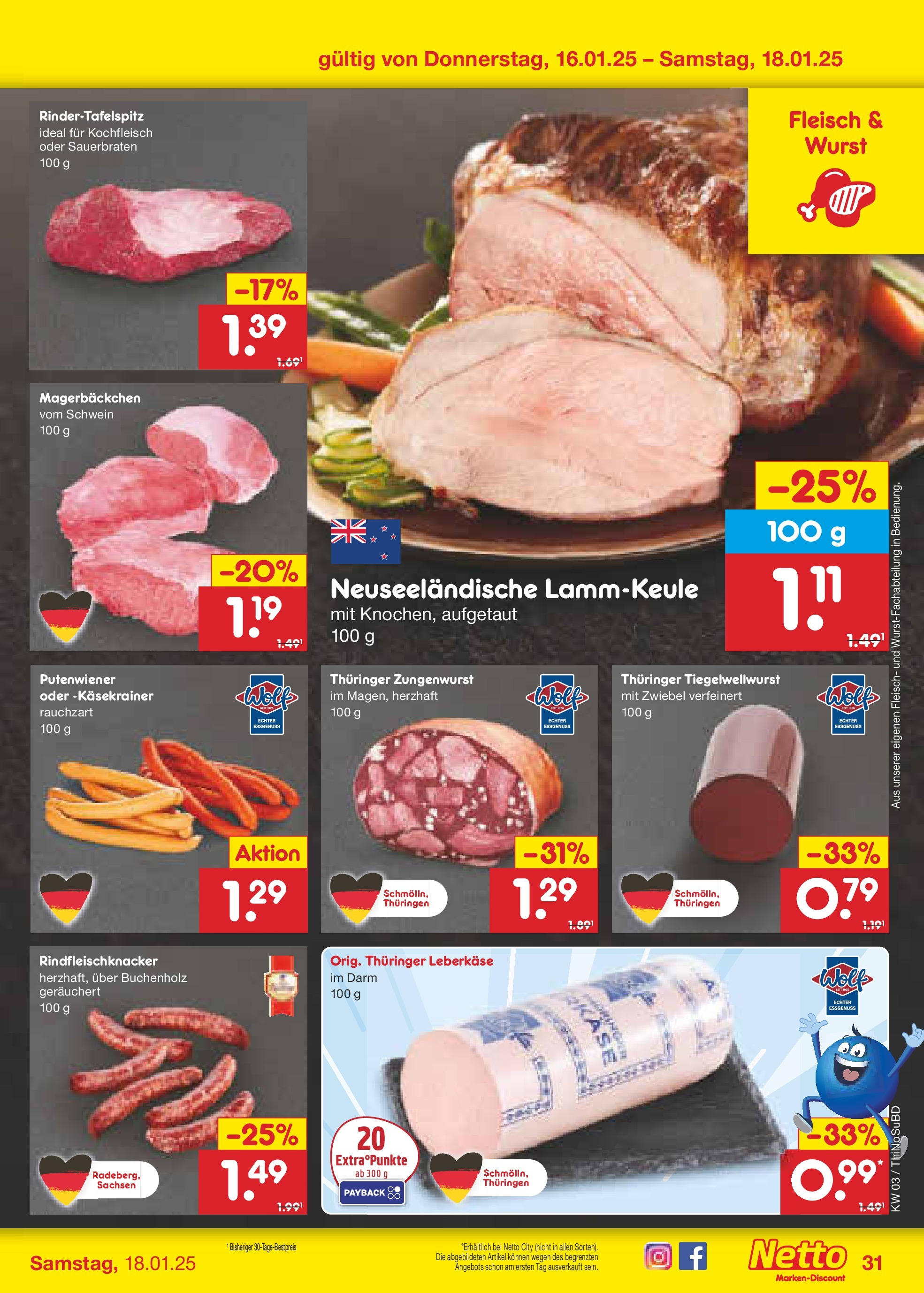 Netto Marken-Discount - Netto: Getränkeangebote (ab 12.01.2025) » Angebote | Seite: 45 | Produkte: Lammkeule, Käsekrainer, Fleisch, Leberkase