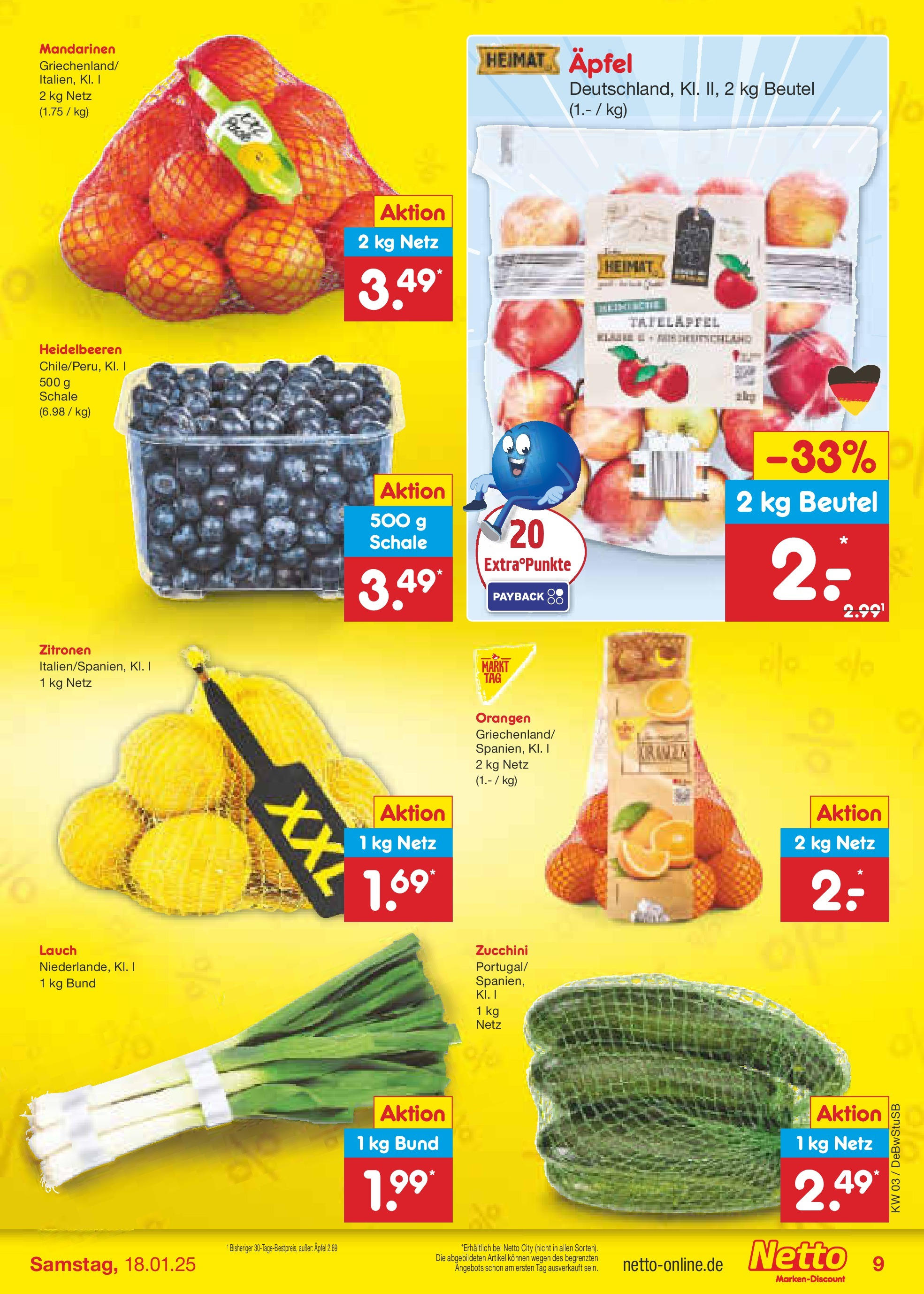 Netto Marken-Discount - Netto: Wochenangebote (ab 12.01.2025) » Angebote | Seite: 11 | Produkte: Äpfel, Orangen, Heidelbeeren, Zitronen