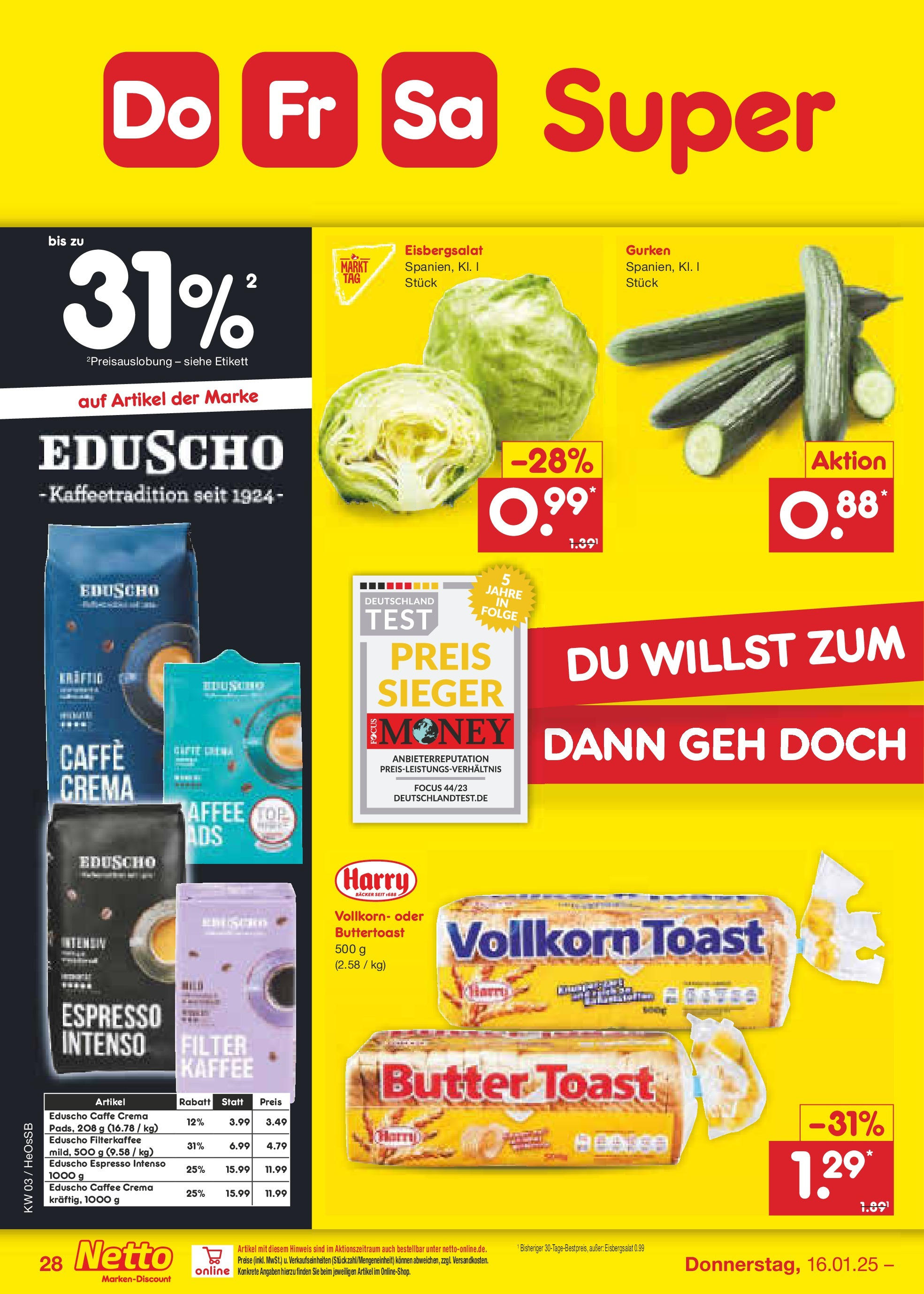 Netto Marken-Discount - Netto: Wochenangebote (ab 12.01.2025) » Angebote | Seite: 42 | Produkte: Butter, Kaffee, Eisbergsalat, Eduscho