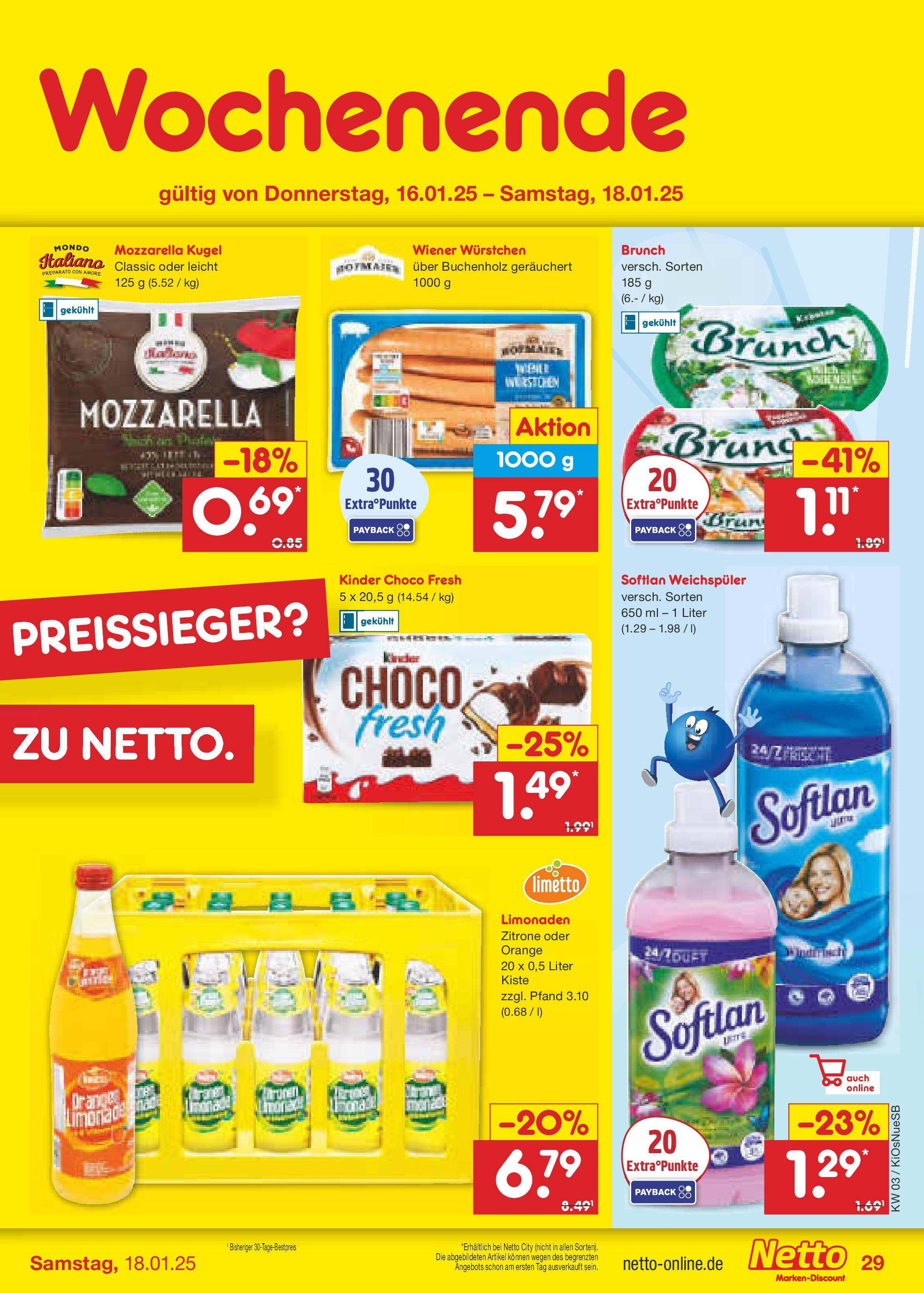 Netto Marken-Discount - Netto: Getränkeangebote (ab 12.01.2025) » Angebote | Seite: 43 | Produkte: Wiener wurstchen, Mozzarella, Limonade, Weichspüler