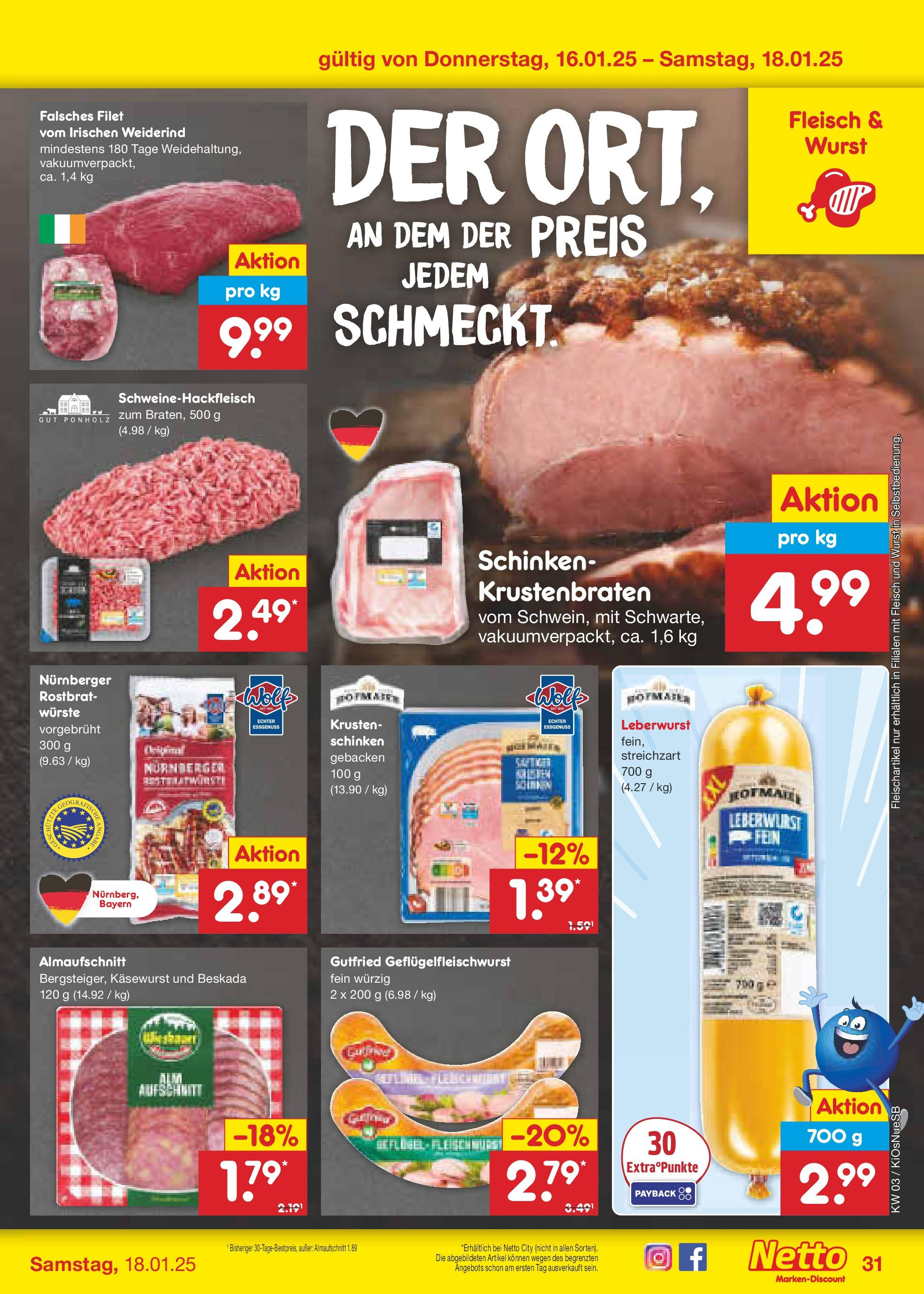 Netto Marken-Discount - Netto: Getränkeangebote (ab 12.01.2025) » Angebote | Seite: 45 | Produkte: Krustenbraten, Wurst, Schinken, Fleisch