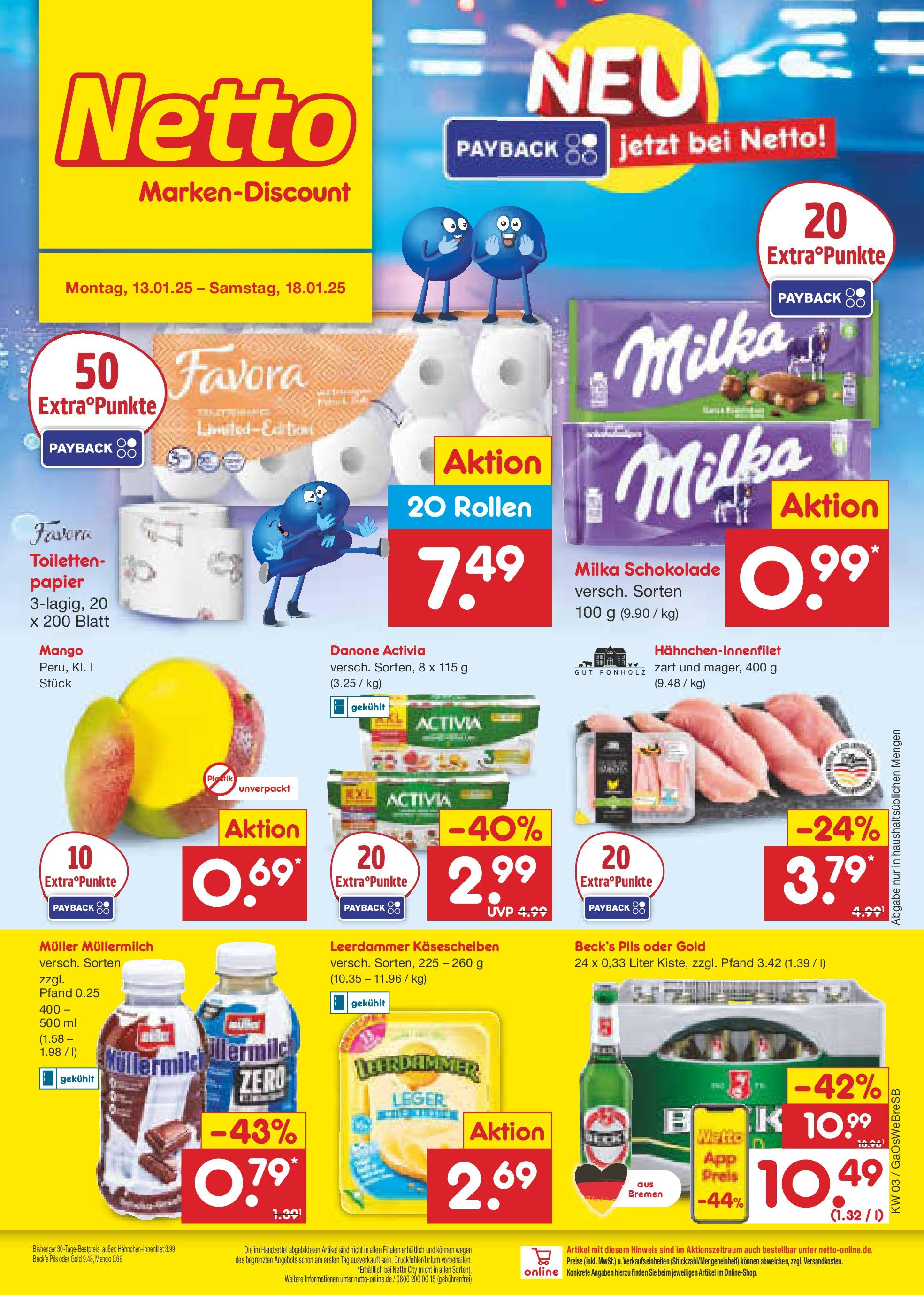 Netto Marken-Discount - Netto: Getränkeangebote (ab 12.01.2025) » Angebote | Seite: 1 | Produkte: Danone activia, Milka schokolade, Leerdammer, Muller mullermilch