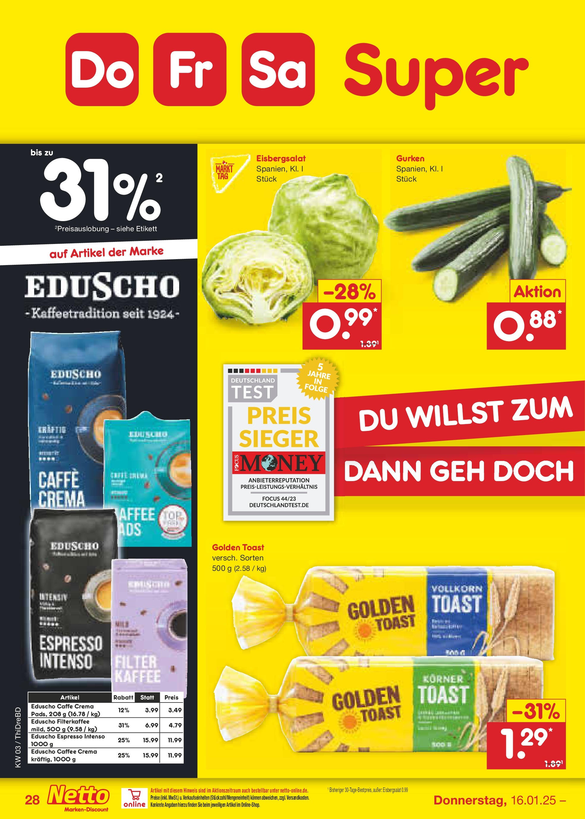 Netto Marken-Discount - Netto: Getränkeangebote (ab 12.01.2025) » Angebote | Seite: 42 | Produkte: Toast, Eisbergsalat, Gurken, Eduscho