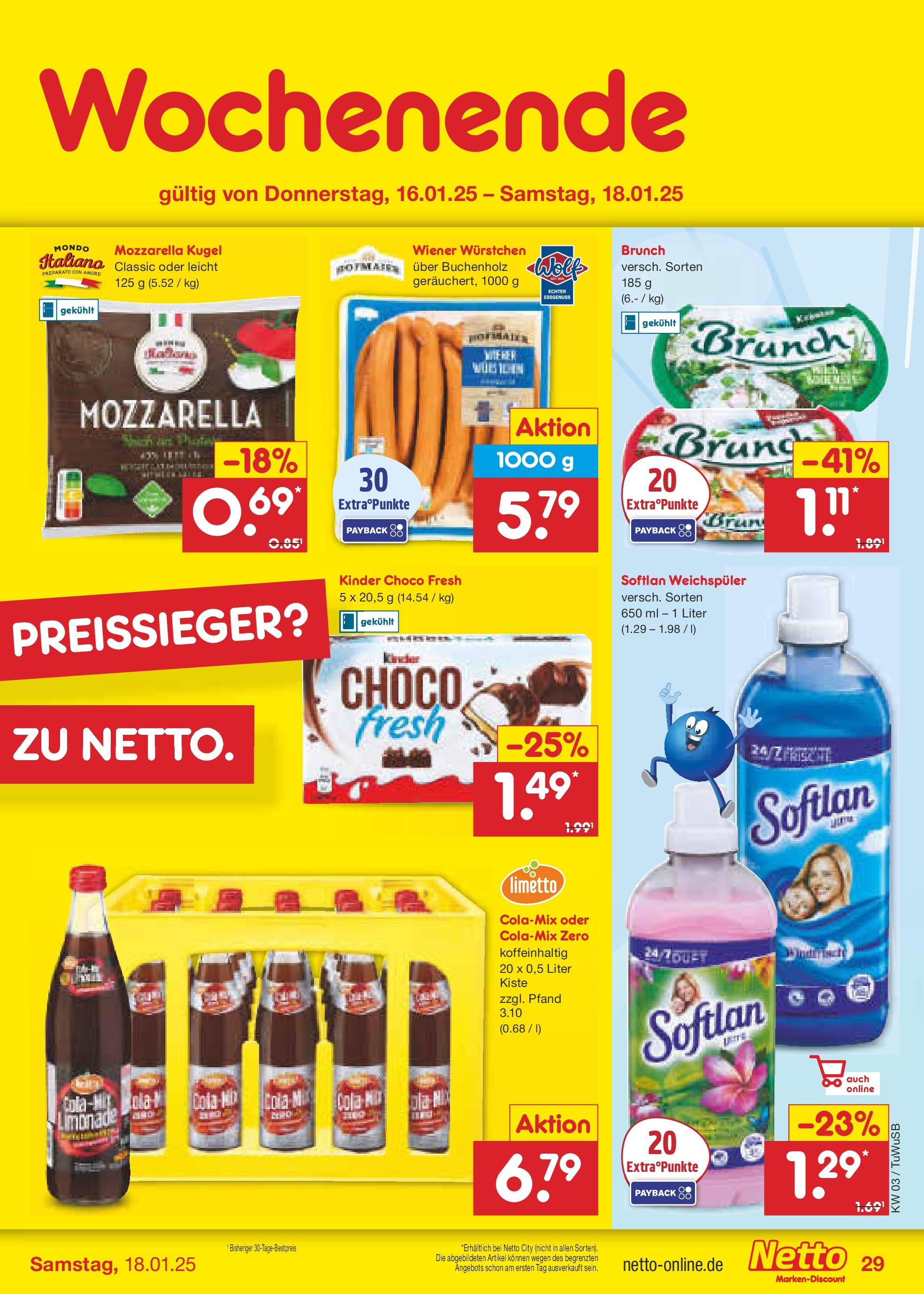 Netto Marken-Discount - Netto: Wochenangebote (ab 12.01.2025) » Angebote | Seite: 43 | Produkte: Wiener wurstchen, Cola, Mozzarella, Weichspüler