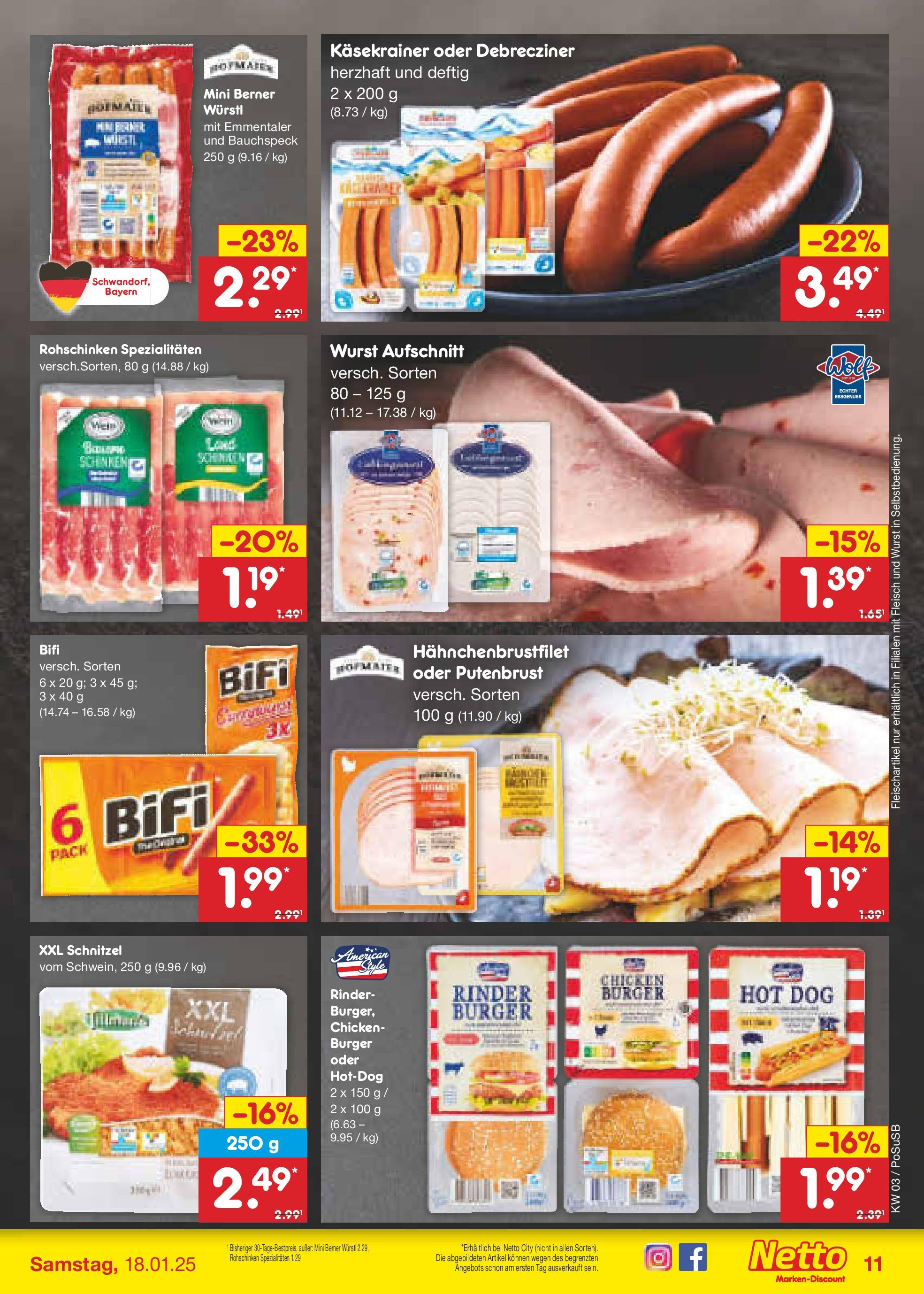 Netto Marken-Discount - Netto: Getränkeangebote (ab 12.01.2025) » Angebote | Seite: 17 | Produkte: Bifi, Käsekrainer, Schnitzel, Fleisch