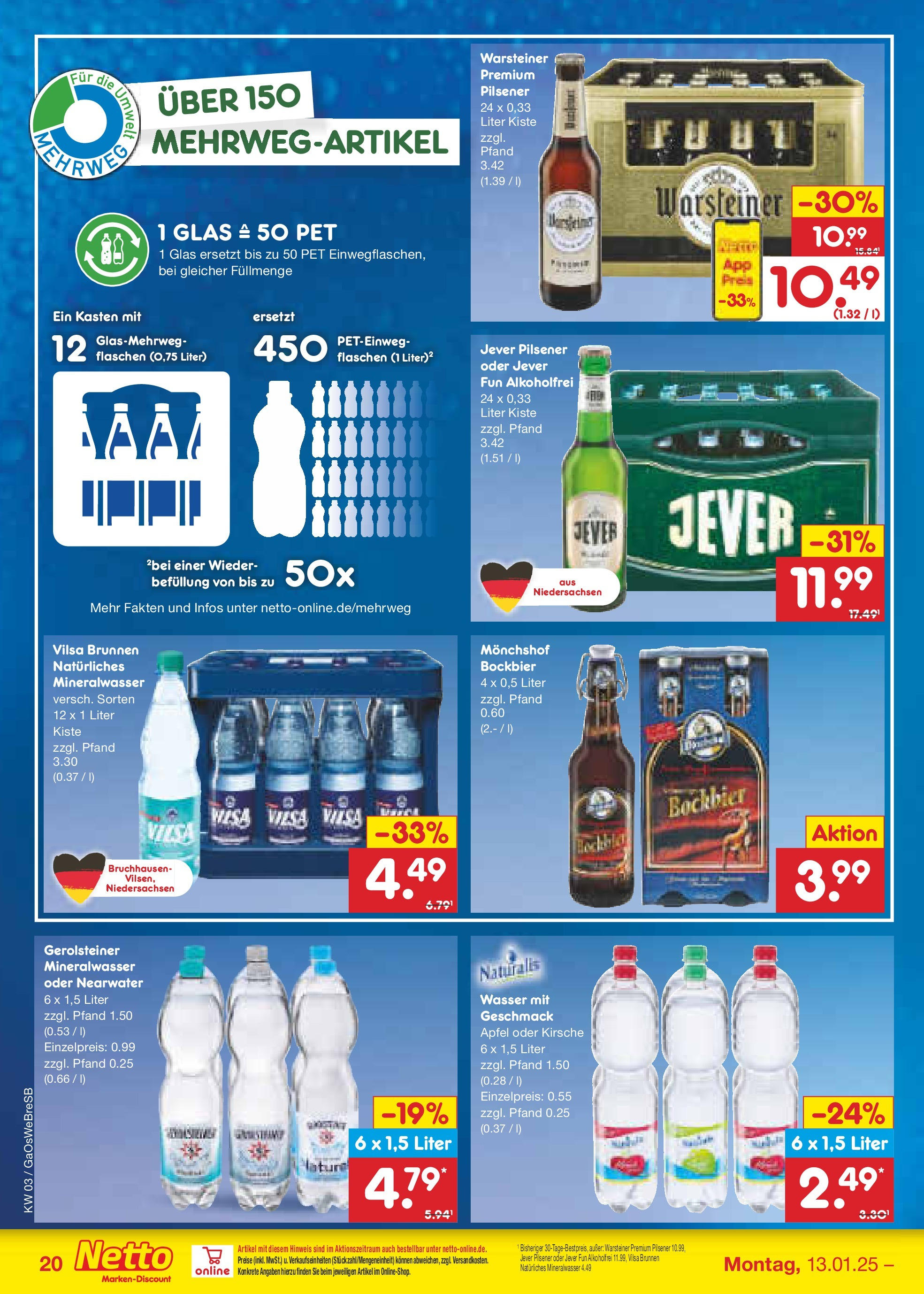 Netto Marken-Discount - Netto: Getränkeangebote (ab 12.01.2025) » Angebote | Seite: 30 | Produkte: Mineralwasser, Wasser, Warsteiner, Jever