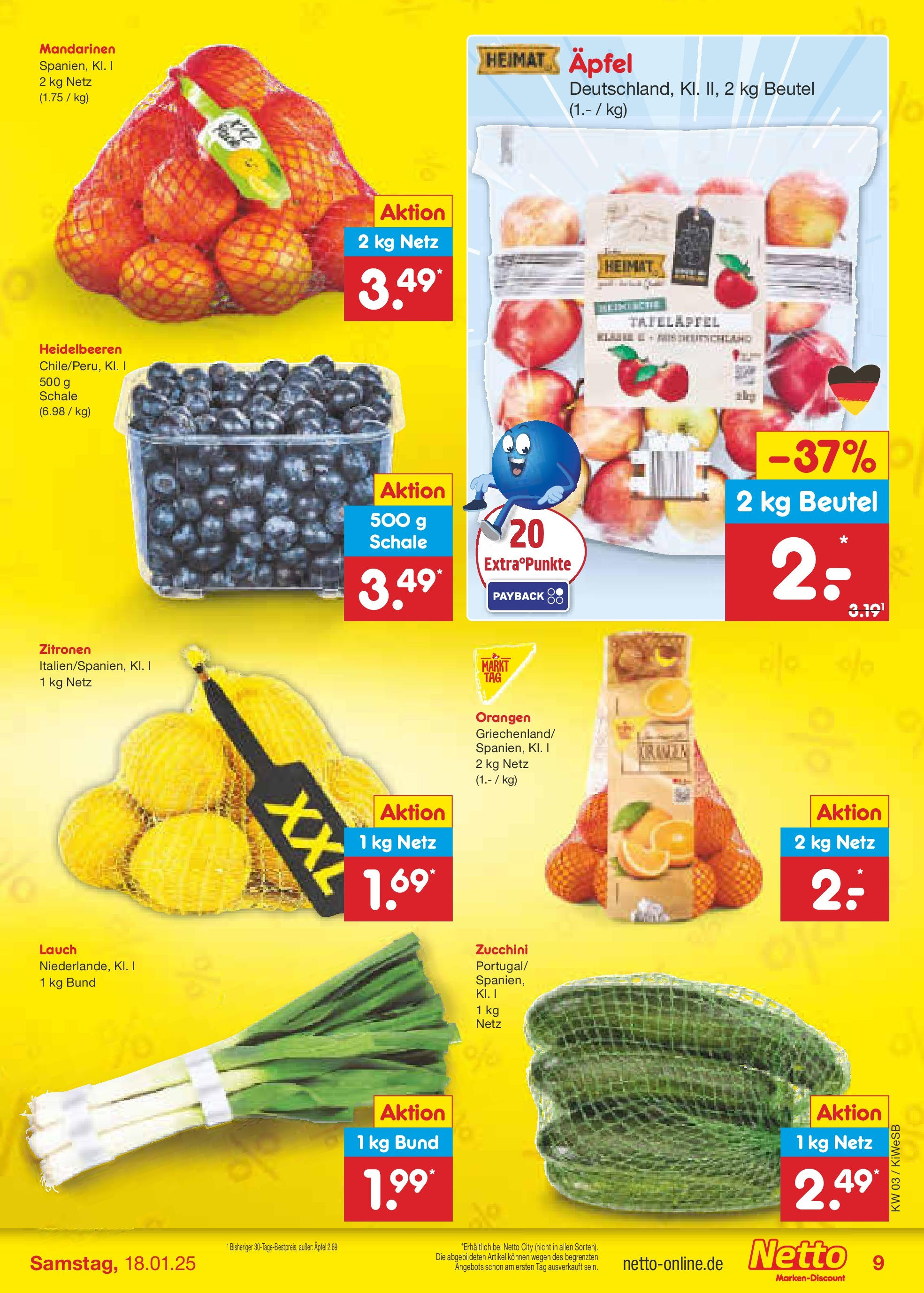 Netto Marken-Discount - Netto: Wochenangebote (ab 12.01.2025) » Angebote | Seite: 11 | Produkte: Äpfel, Mandarinen, Orangen, Heidelbeeren