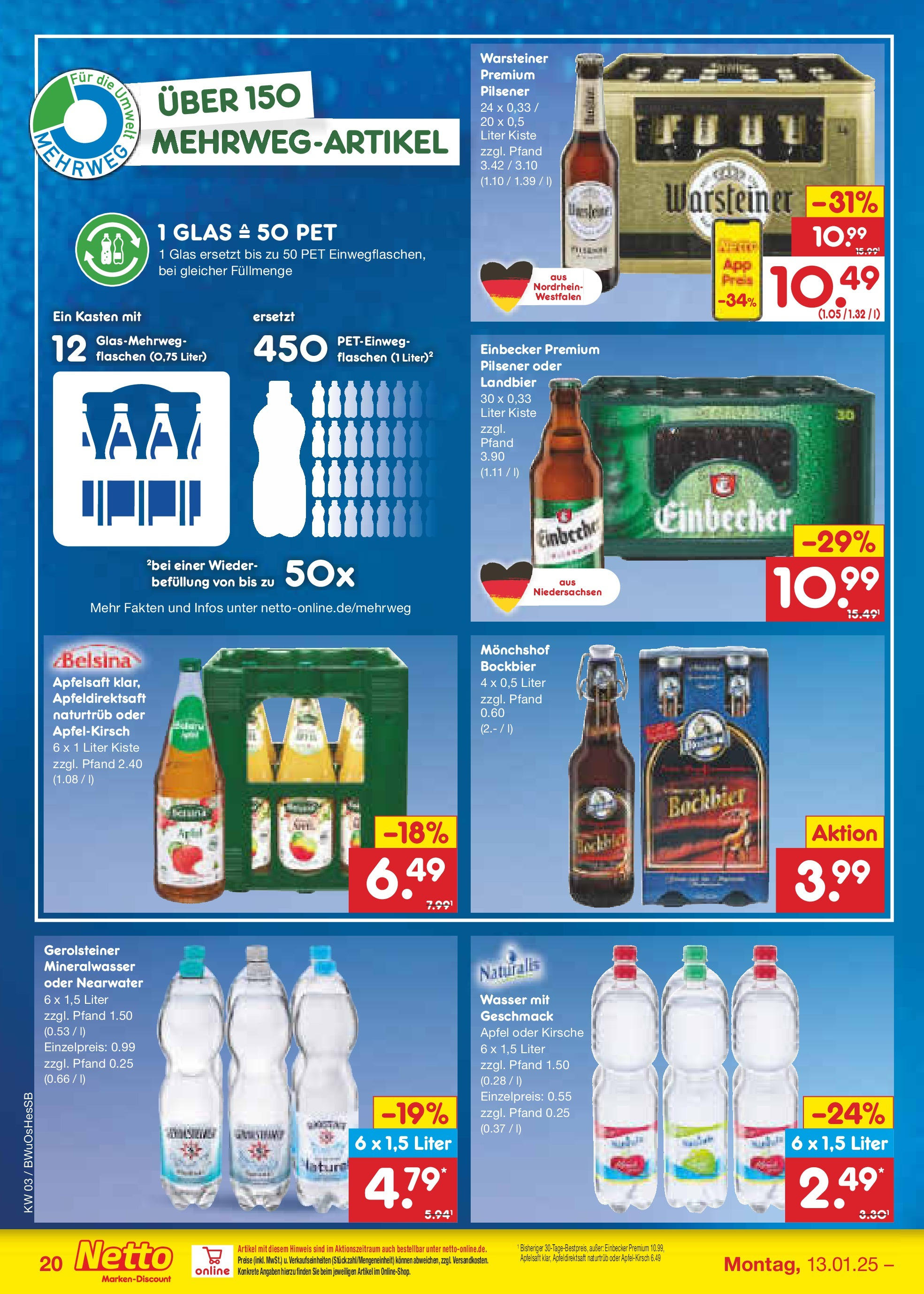 Netto Marken-Discount - Netto: Wochenangebote (ab 12.01.2025) » Angebote | Seite: 30 | Produkte: Monchshof, Äpfel, Apfelsaft, Wasser