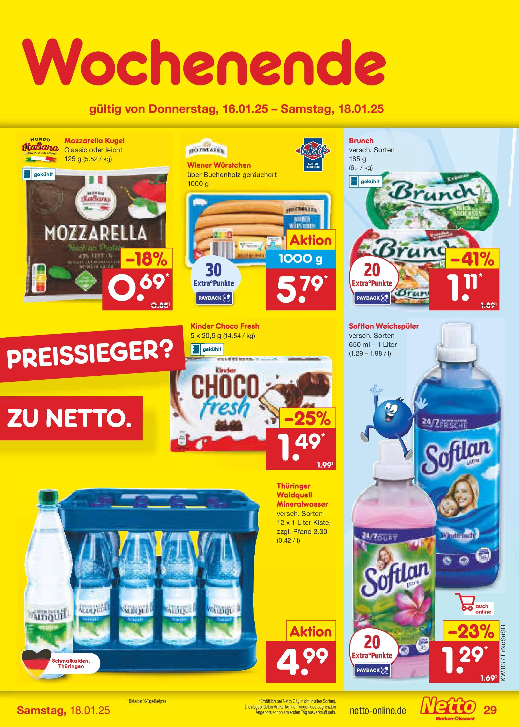 Netto Marken-Discount - Netto: Getränkeangebote (ab 12.01.2025) » Angebote | Seite: 43 | Produkte: Wiener wurstchen, Mozzarella, Mineralwasser, Weichspüler