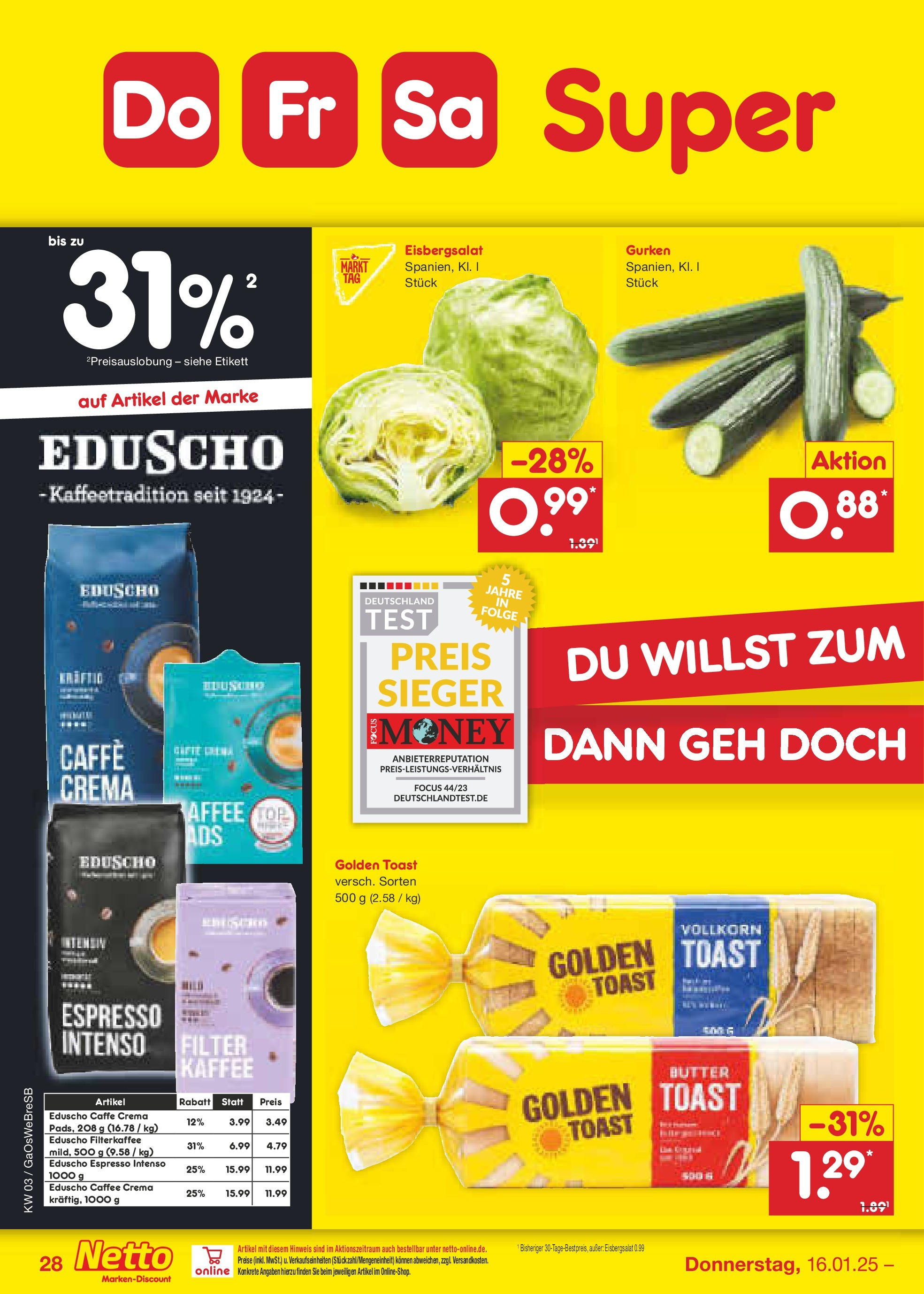 Netto Marken-Discount - Netto: Getränkeangebote (ab 12.01.2025) » Angebote | Seite: 42 | Produkte: Butter, Toast, Eisbergsalat, Gurken