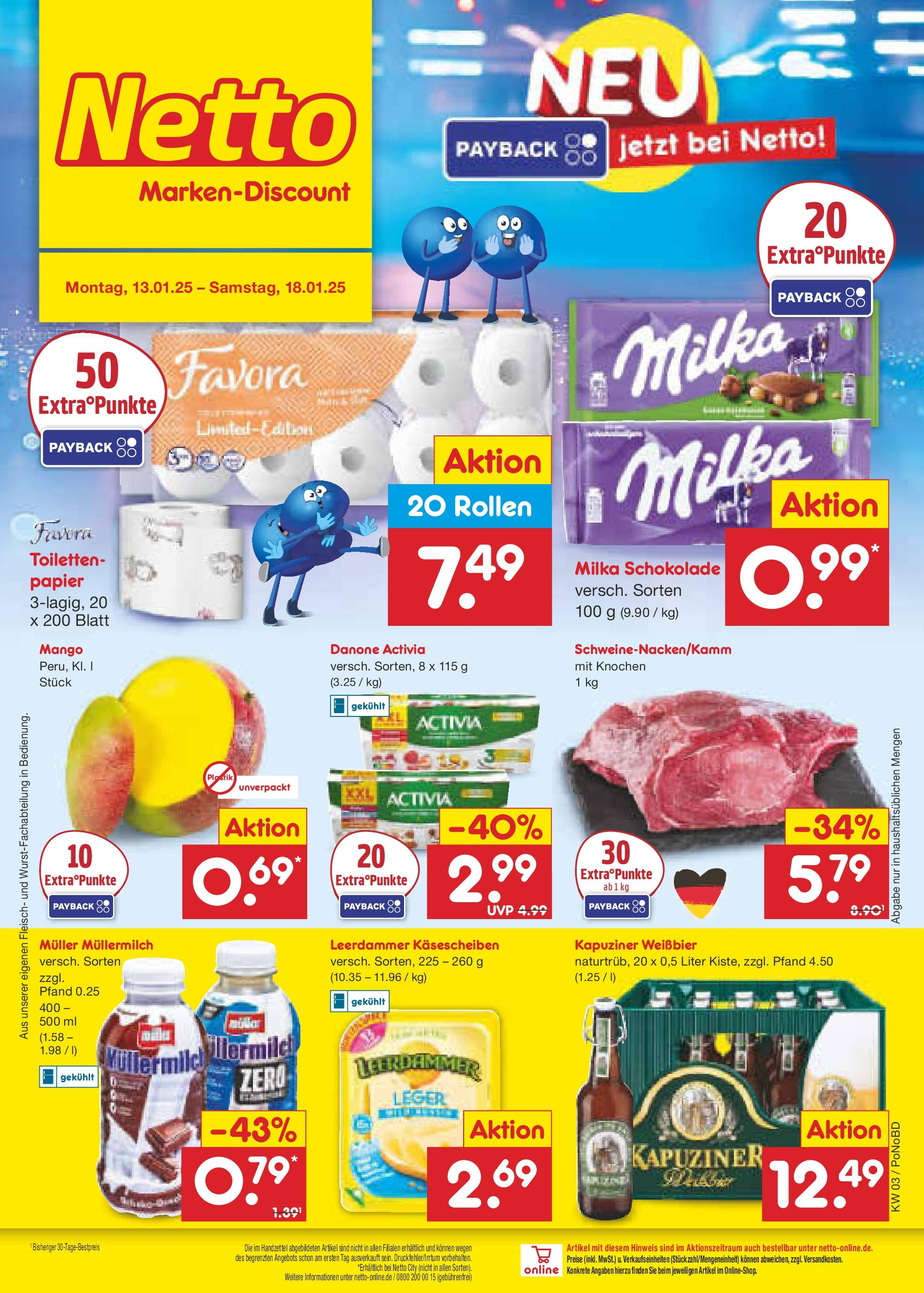 Netto Marken-Discount - Netto: Wochenangebote (ab 12.01.2025) » Angebote | Seite: 1 | Produkte: Danone activia, Schokolade, Leerdammer, Fleisch