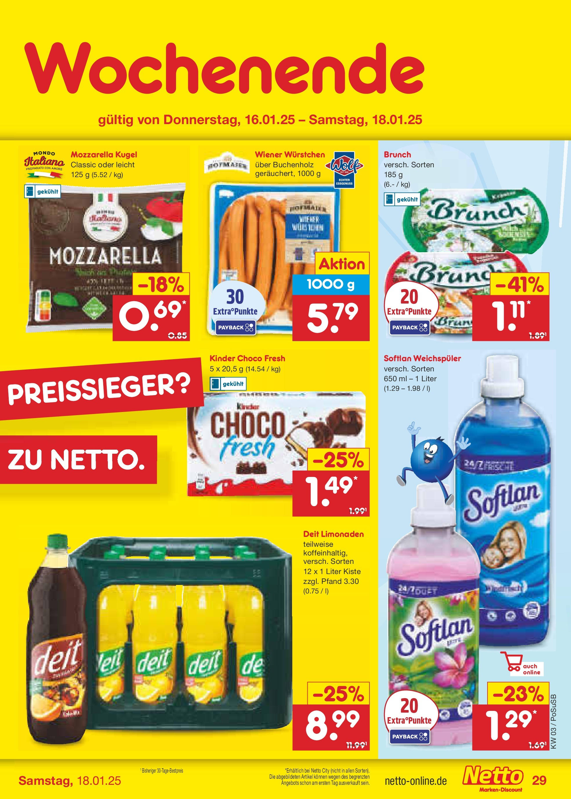 Netto Marken-Discount - Netto: Getränkeangebote (ab 12.01.2025) » Angebote | Seite: 43 | Produkte: Wiener wurstchen, Mozzarella, Weichspüler