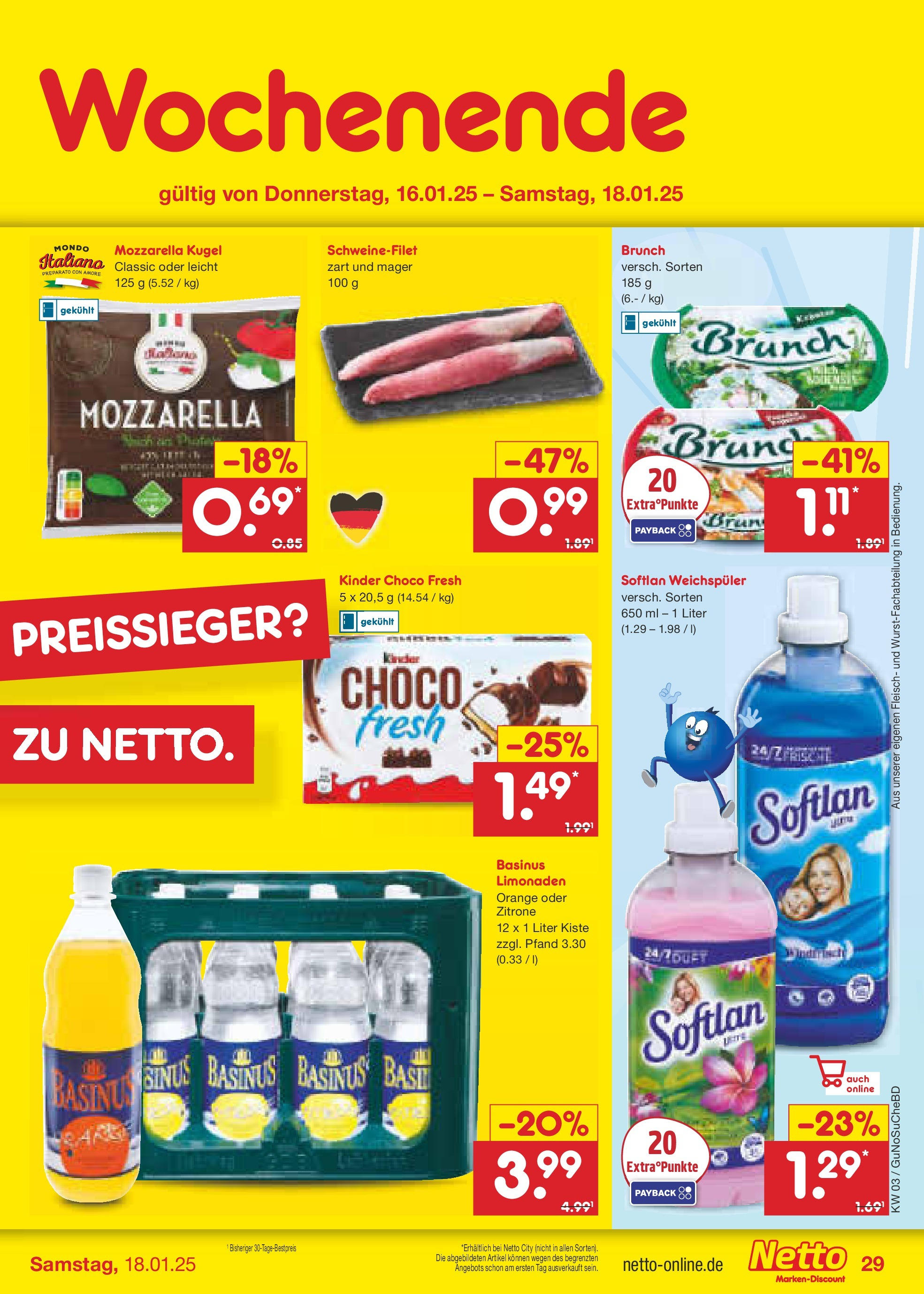 Netto Marken-Discount - Netto: Wochenangebote (ab 12.01.2025) » Angebote | Seite: 43 | Produkte: Mozzarella, Schweinefilet, Weichspüler, Zitrone