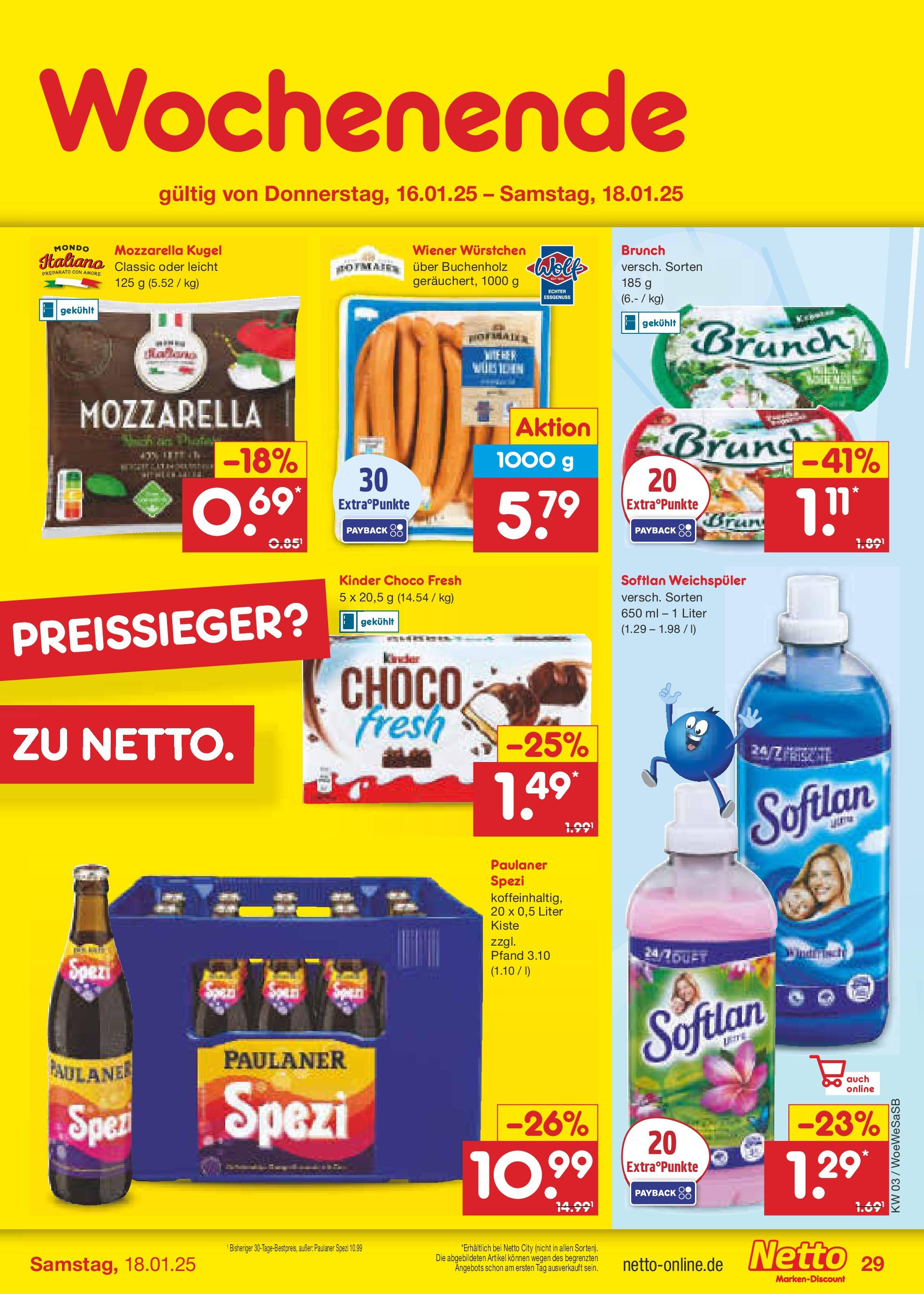 Netto Marken-Discount - Netto: Wochenangebote (ab 12.01.2025) » Angebote | Seite: 43 | Produkte: Wiener wurstchen, Paulaner spezi, Weichspüler, Paulaner