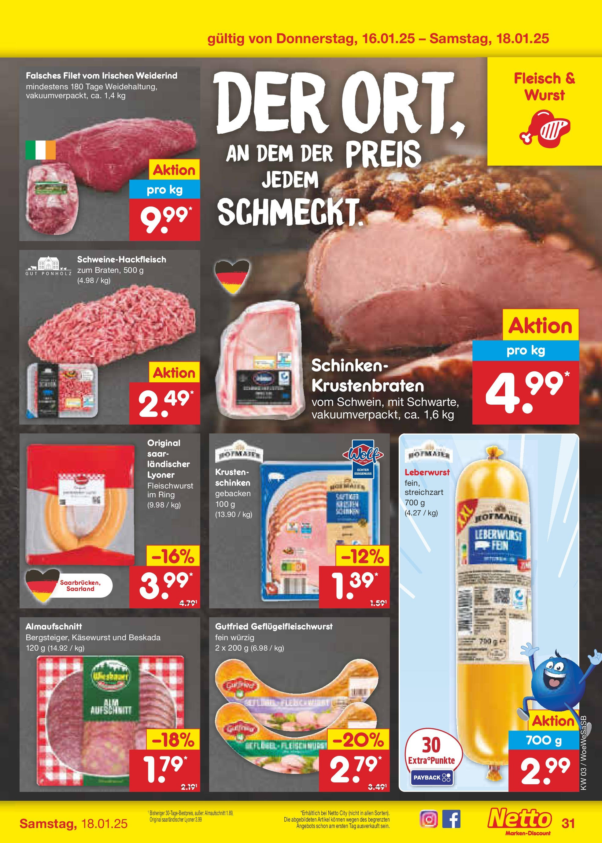 Netto Marken-Discount - Netto: Wochenangebote (ab 12.01.2025) » Angebote | Seite: 45 | Produkte: Krustenbraten, Wurst, Schinken, Fleisch