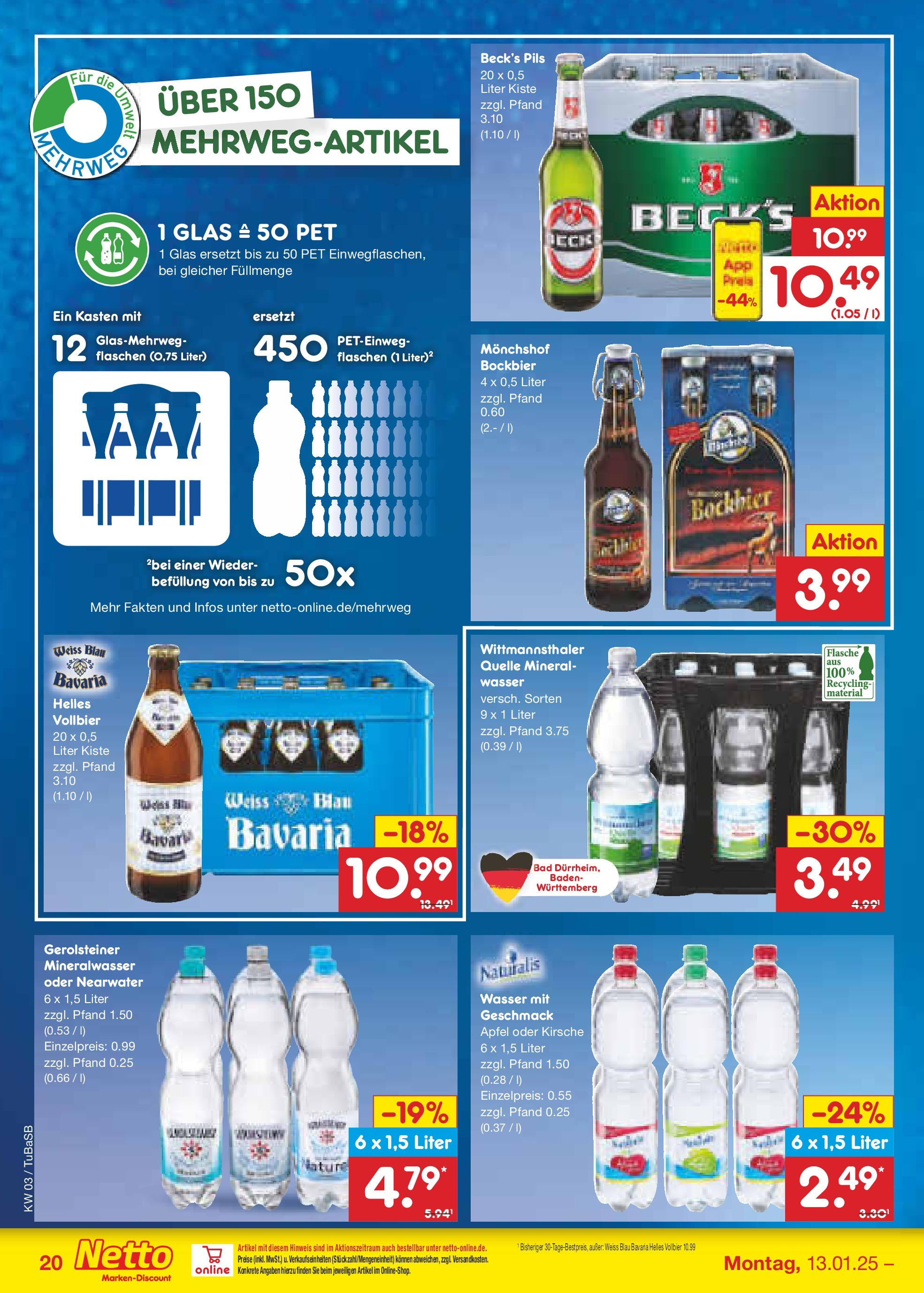 Netto Marken-Discount - Netto: Wochenangebote (ab 12.01.2025) » Angebote | Seite: 30 | Produkte: Monchshof, Bad, Mineralwasser, Wasser