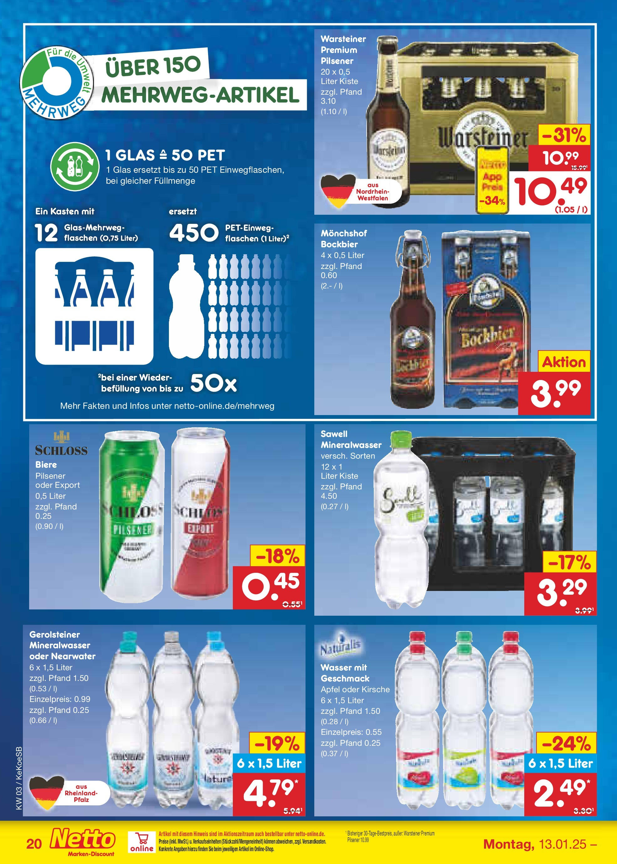 Netto Marken-Discount - Netto: Getränkeangebote (ab 12.01.2025) » Angebote | Seite: 30 | Produkte: Monchshof, Mineralwasser, Wasser, Gerolsteiner