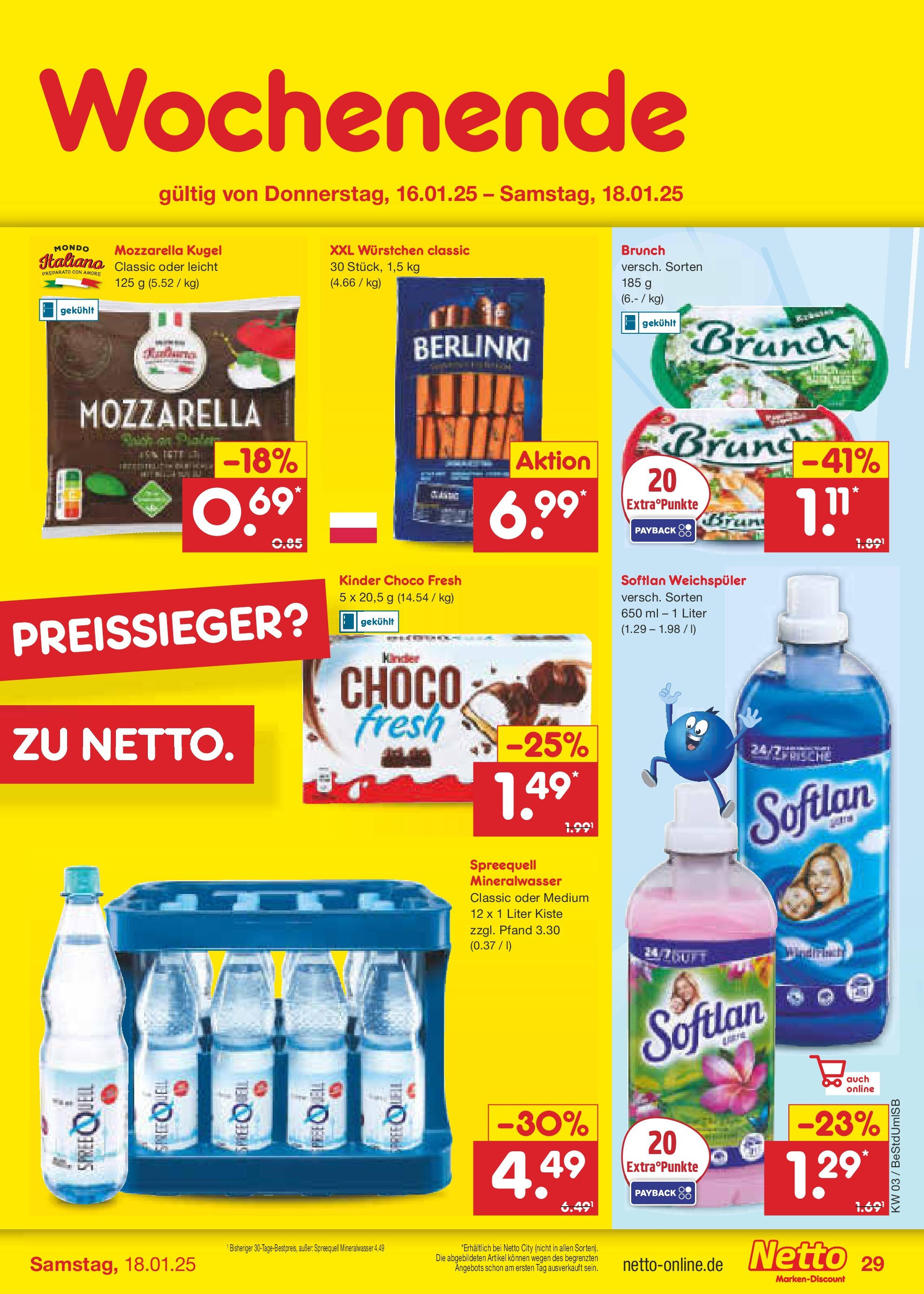 Netto Marken-Discount - Netto: Getränkeangebote (ab 12.01.2025) » Angebote | Seite: 43 | Produkte: Mozzarella, Mineralwasser, Weichspüler