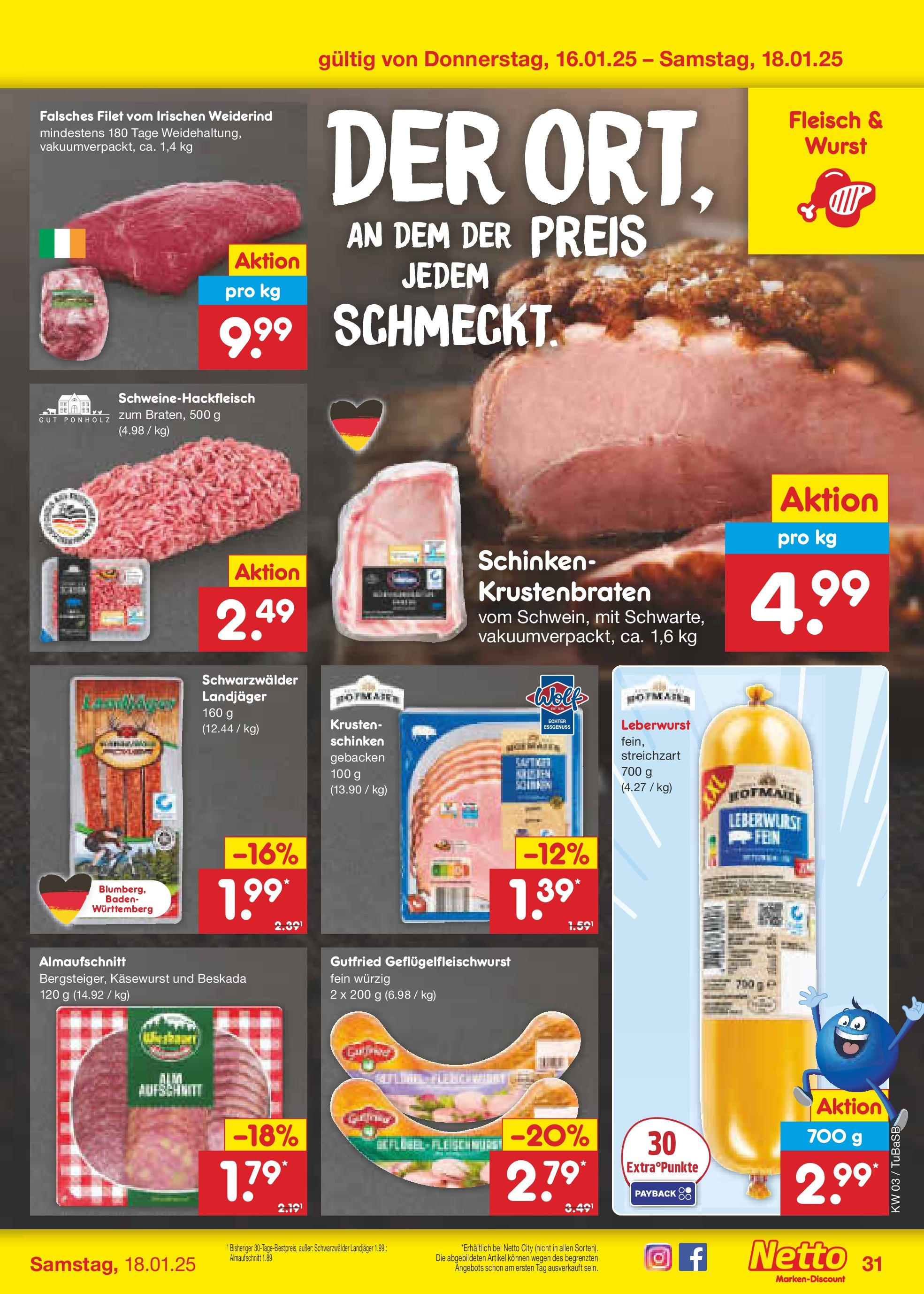 Netto Marken-Discount - Netto: Wochenangebote (ab 12.01.2025) » Angebote | Seite: 45 | Produkte: Krustenbraten, Wurst, Schinken, Fleisch