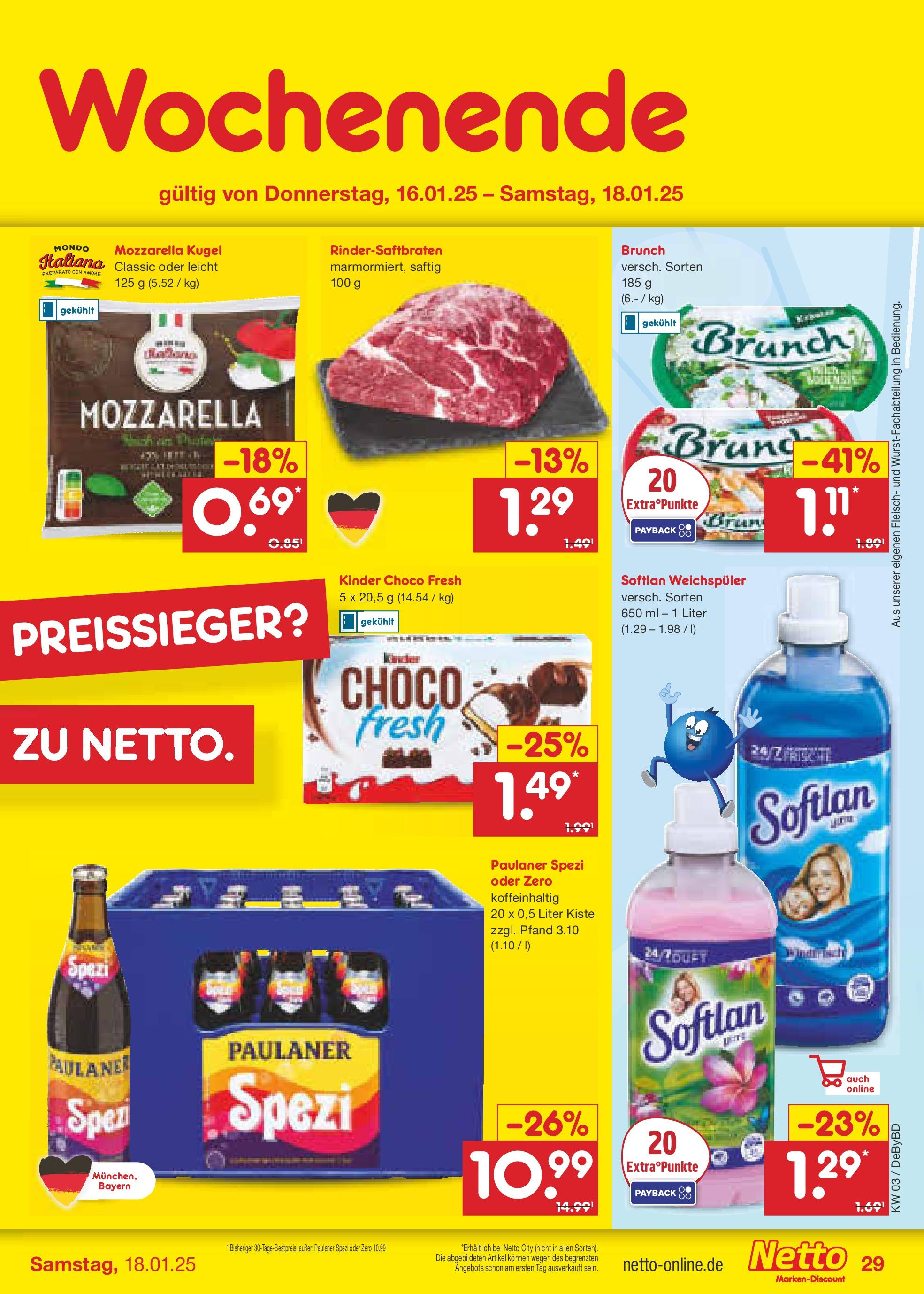 Netto Marken-Discount - Netto: Wochenangebote (ab 12.01.2025) » Angebote | Seite: 43 | Produkte: Paulaner spezi, Mozzarella, Weichspüler, Paulaner