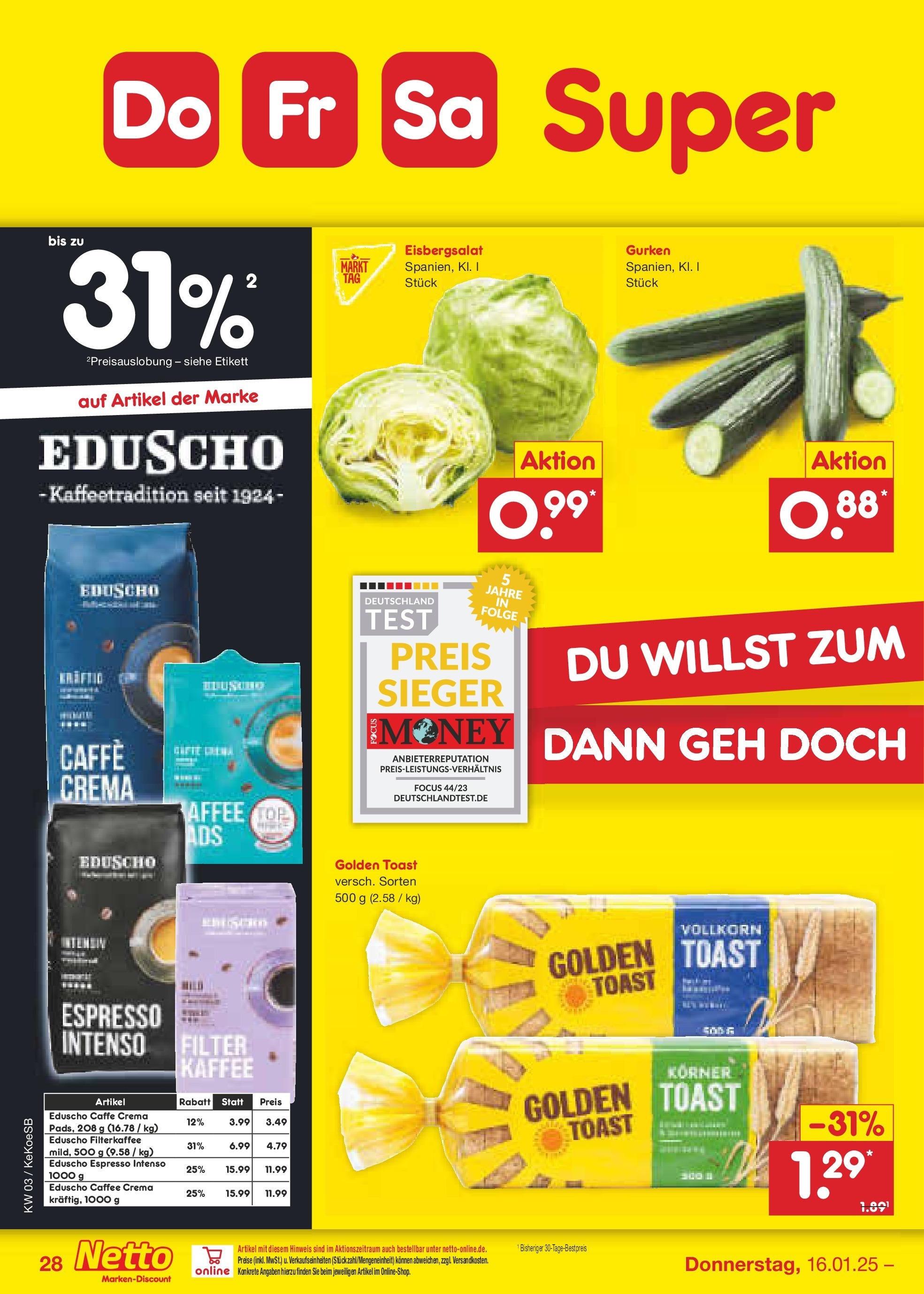 Netto Marken-Discount - Netto: Getränkeangebote (ab 12.01.2025) » Angebote | Seite: 42 | Produkte: Kaffee, Toast, Eisbergsalat, Eduscho