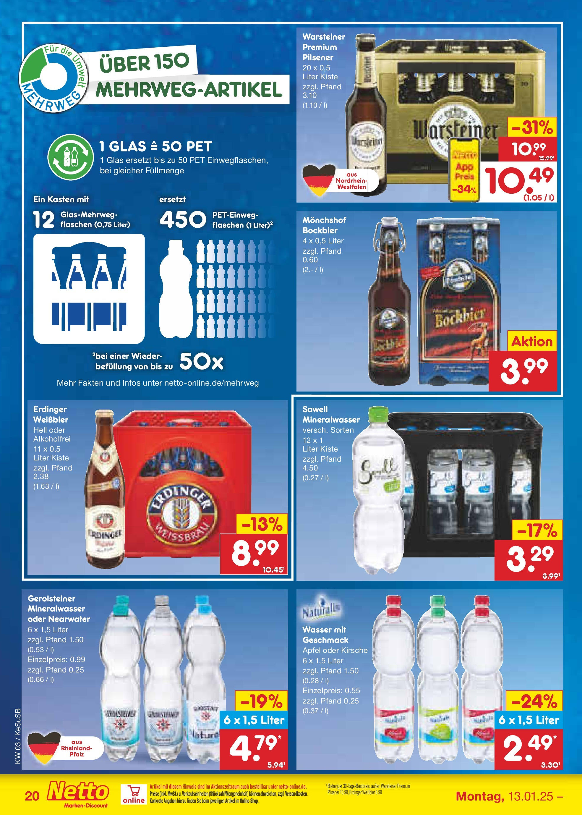 Netto Marken-Discount - Netto: Getränkeangebote (ab 12.01.2025) » Angebote | Seite: 30 | Produkte: Weißbier, Mineralwasser, Wasser, Warsteiner