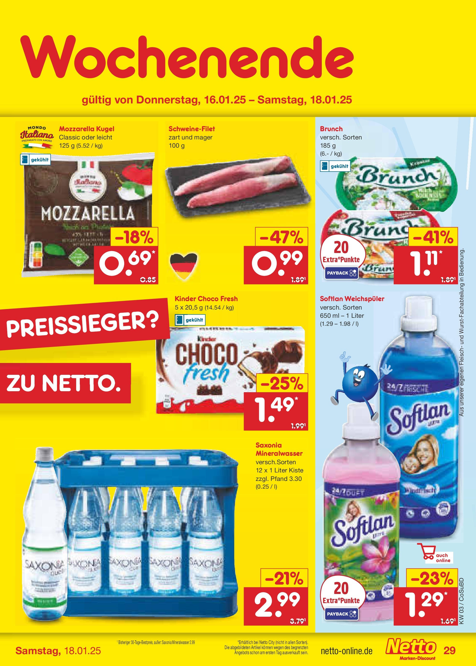 Netto Marken-Discount - Netto: Getränkeangebote (ab 12.01.2025) » Angebote | Seite: 43 | Produkte: Mineralwasser, Schweinefilet, Weichspüler, Fleisch