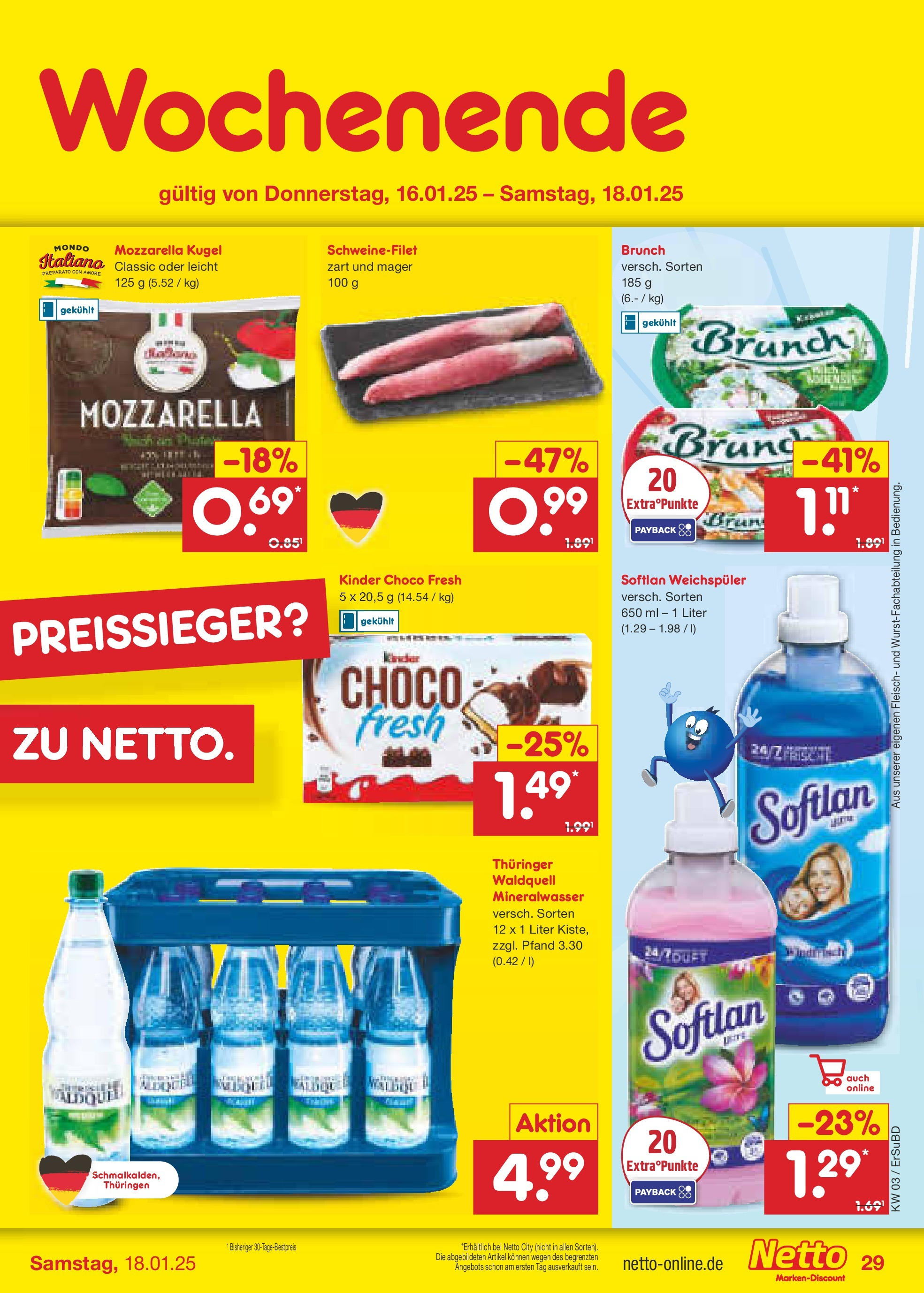 Netto Marken-Discount - Netto: Wochenangebote (ab 12.01.2025) » Angebote | Seite: 43 | Produkte: Mozzarella, Mineralwasser, Weichspüler, Fleisch