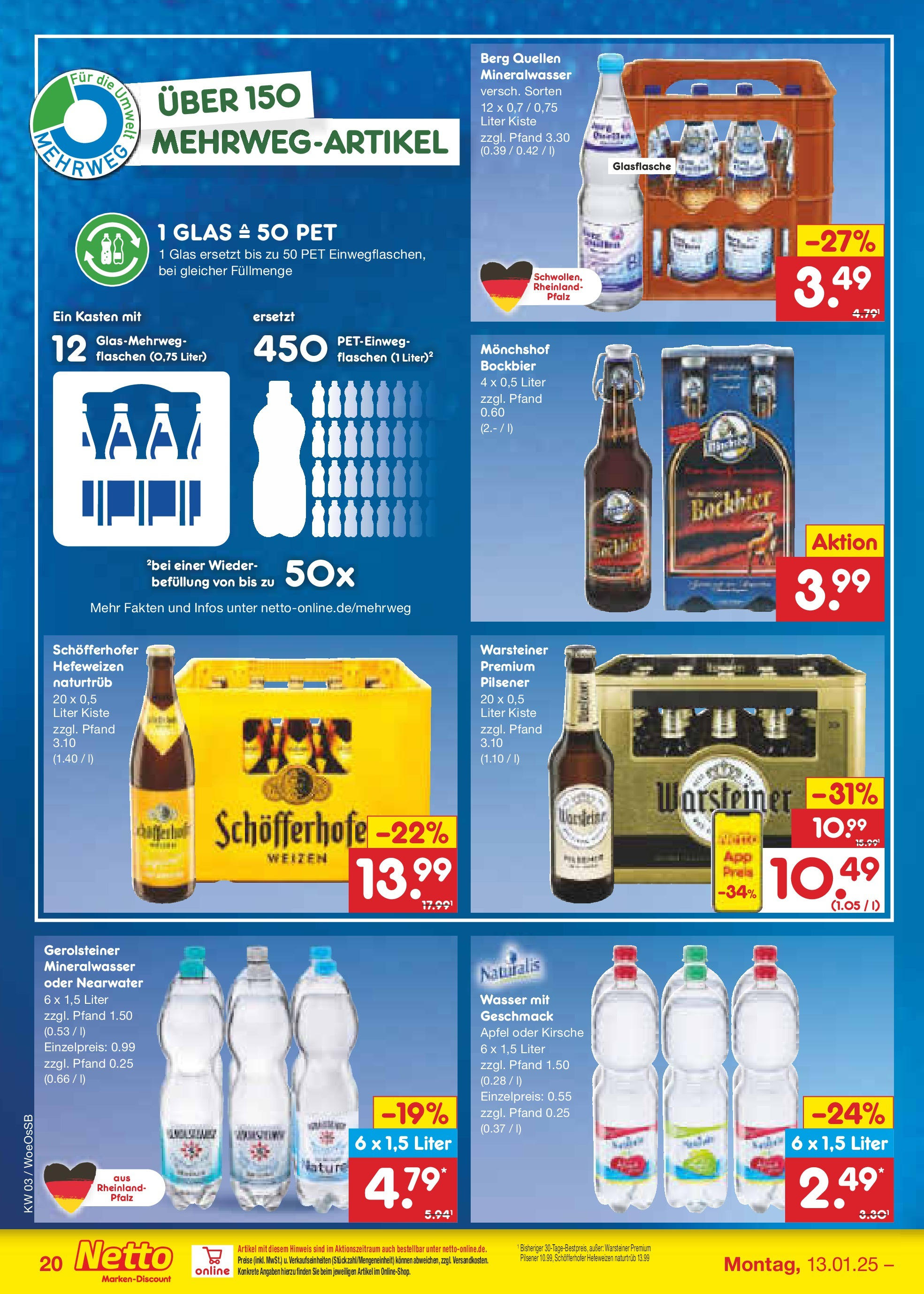 Netto Marken-Discount - Netto: Getränkeangebote (ab 12.01.2025) » Angebote | Seite: 30 | Produkte: Monchshof, Äpfel, Mineralwasser, Warsteiner