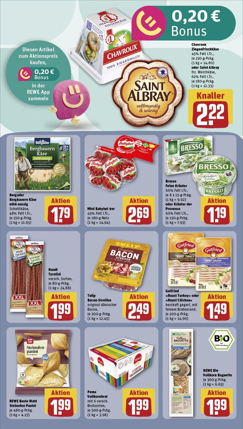 Rewe - Biberach, Eisenbahnstr. 9/11 (ab 13.01.2025) zum Blättern » Angebote | Seite: 14 | Produkte: Käse, Baguette, Bresso, Babybel