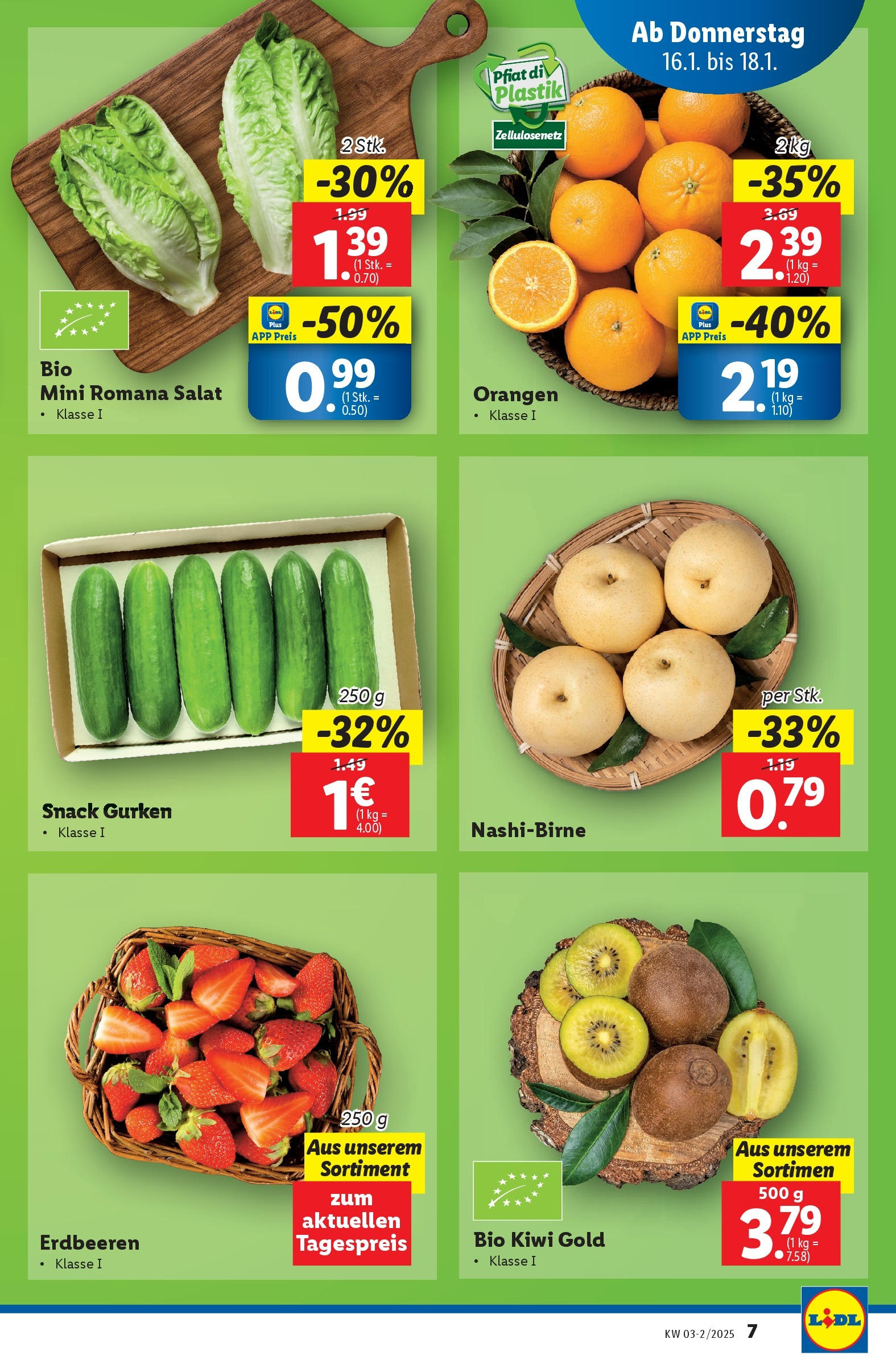 Lidl Flugblatt - Wien ab 16.01.2025 - Angebote ab donnerstag | Seite: 7 | Produkte: Erdbeeren, Kiwi, Salat, Orangen