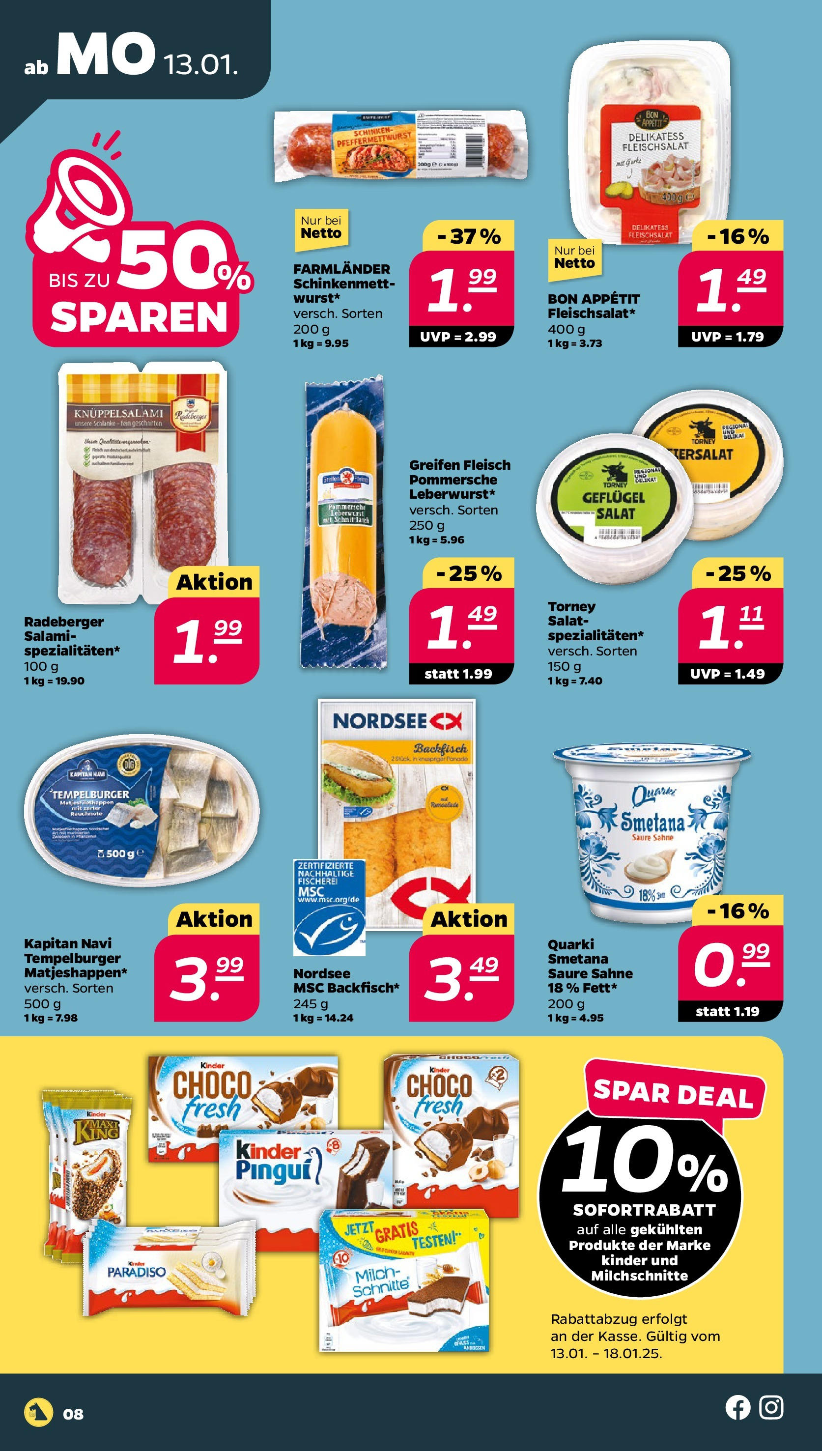 Netto Prospekt 	 ab 13.01.2025 → Angebote nächste Woche | Seite: 8 | Produkte: Salami, Schinken, Fleisch, Salat