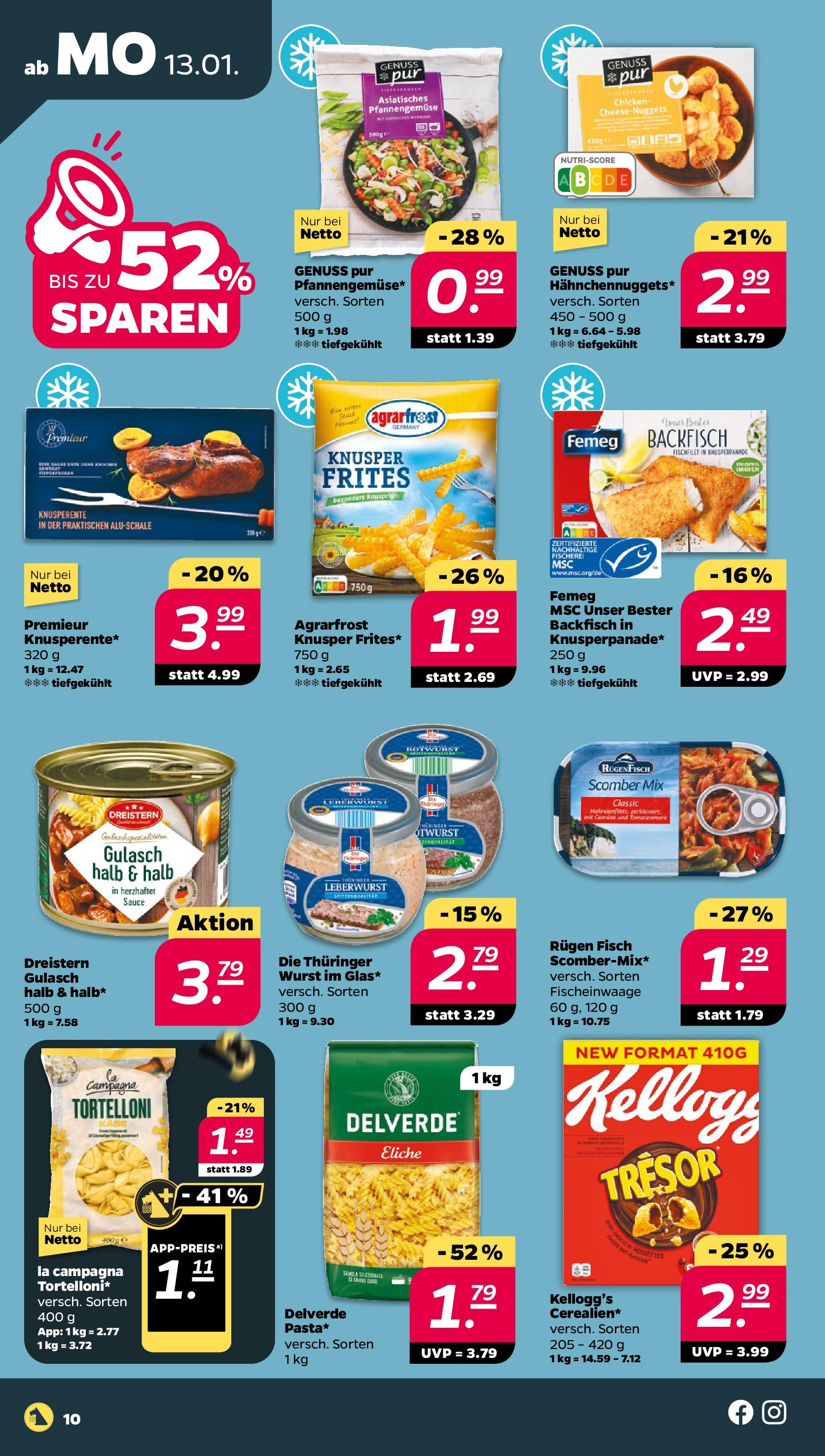 Netto Prospekt 	 ab 13.01.2025 → Angebote nächste Woche | Seite: 10 | Produkte: Kellogg's, Fisch, Gulasch, Wurst