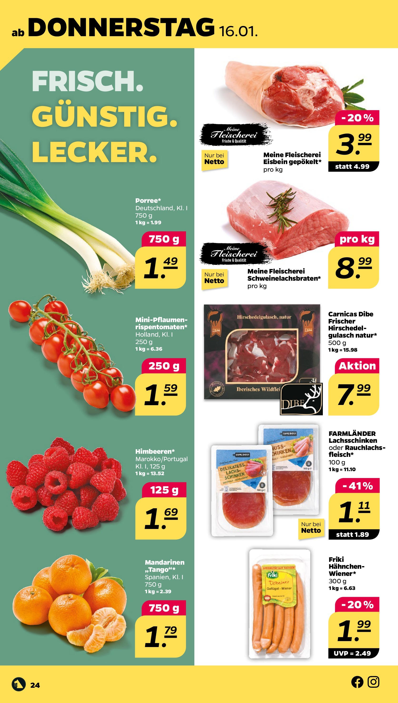 Netto Prospekt 	 ab 13.01.2025 → Angebote nächste Woche | Seite: 24 | Produkte: Hahnchen, Lachs, Gulasch, Schinken