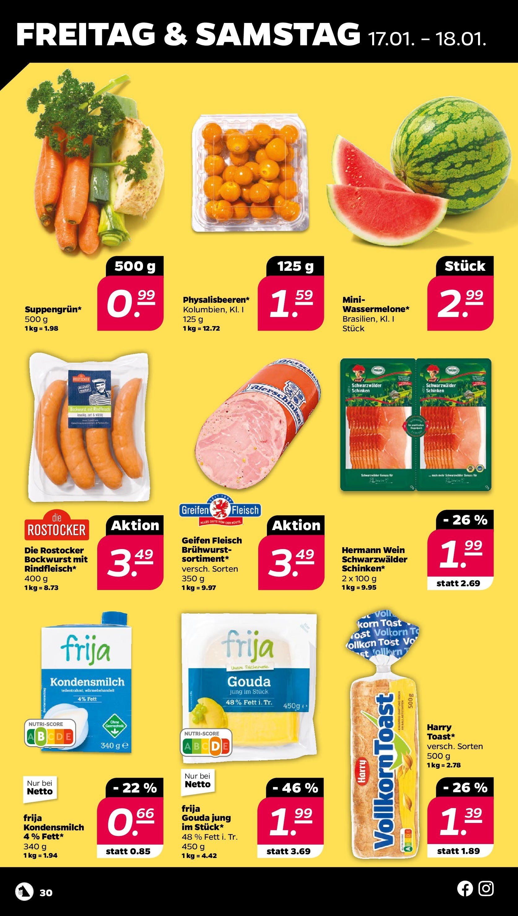 Netto Prospekt 	 ab 13.01.2025 → Angebote nächste Woche | Seite: 30 | Produkte: Gouda, Schinken, Wein, Fleisch