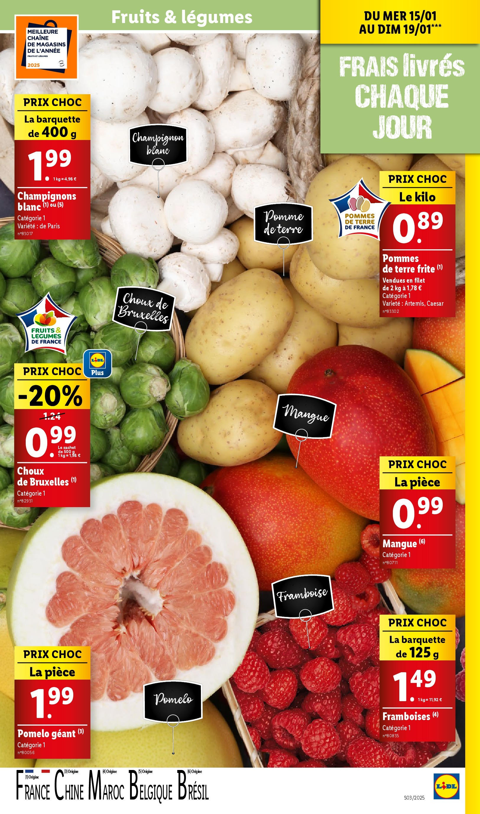 Catalogue LIDL du 14/01/2025 | Promo prospectus en ligne | Page: 5 | Produits: Framboise, Champignon, Pommes, Pommes de terre