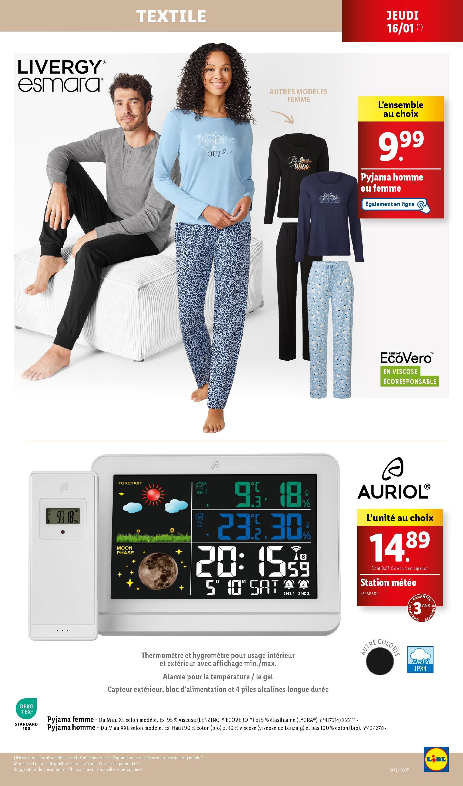 Catalogue LIDL du 14/01/2025 | Promo prospectus en ligne | Page: 51 | Produits: Station météo, Coton, Pyjama femme, Pyjama