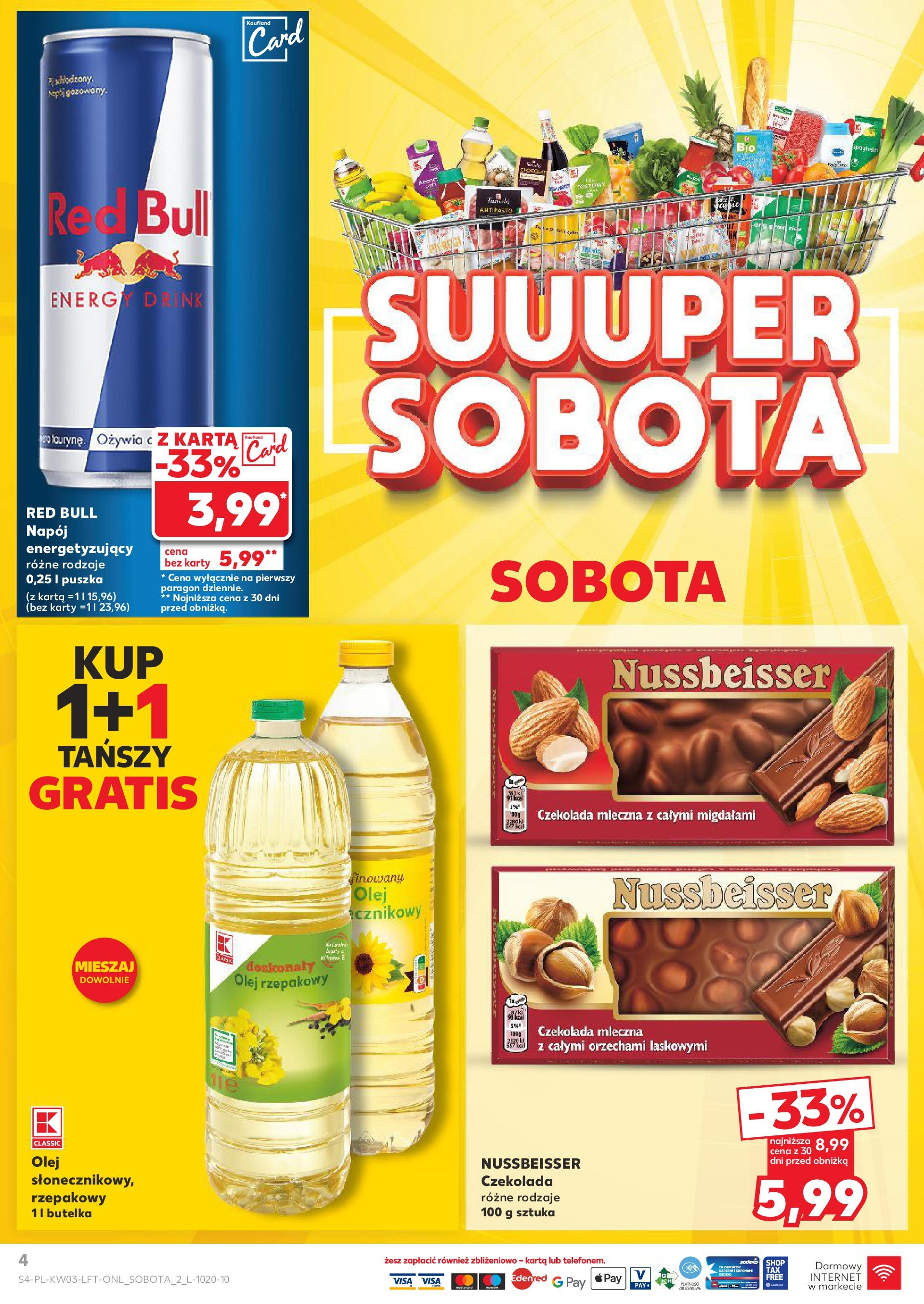 Kaufland gazetka od 16.01.2025 - od jutra PDF | Strona: 4 | Produkty: Karta, Czekolada mleczna, Red bull, Olej