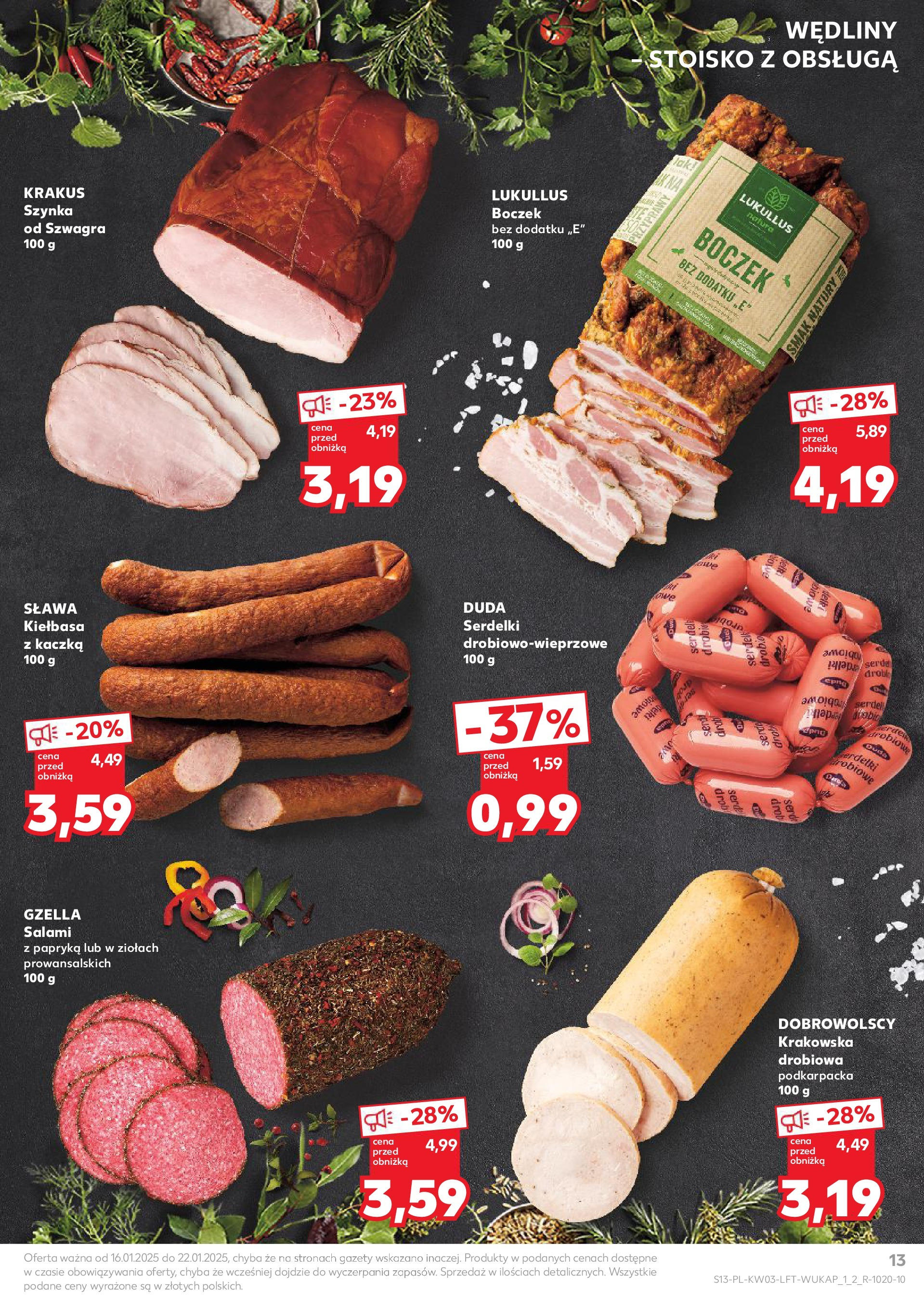 Kaufland gazetka od 16.01.2025 - od jutra PDF | Strona: 13 | Produkty: Kiełbasa, Kaczka, Szynka, Salami